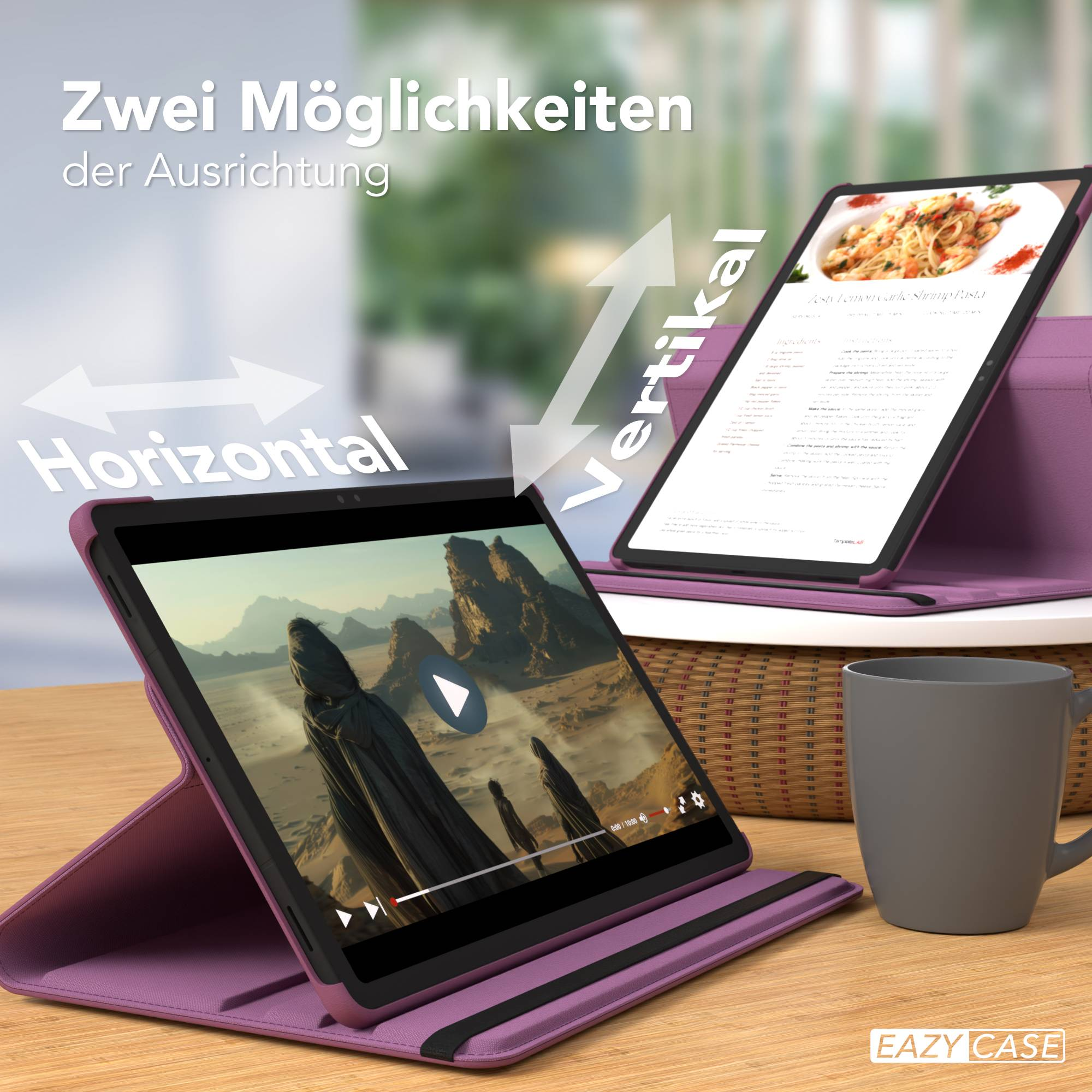 Zwei Tablets in Lila Hüllen auf Holztisch, eines zeigt ein Video, das andere ein Rezept.