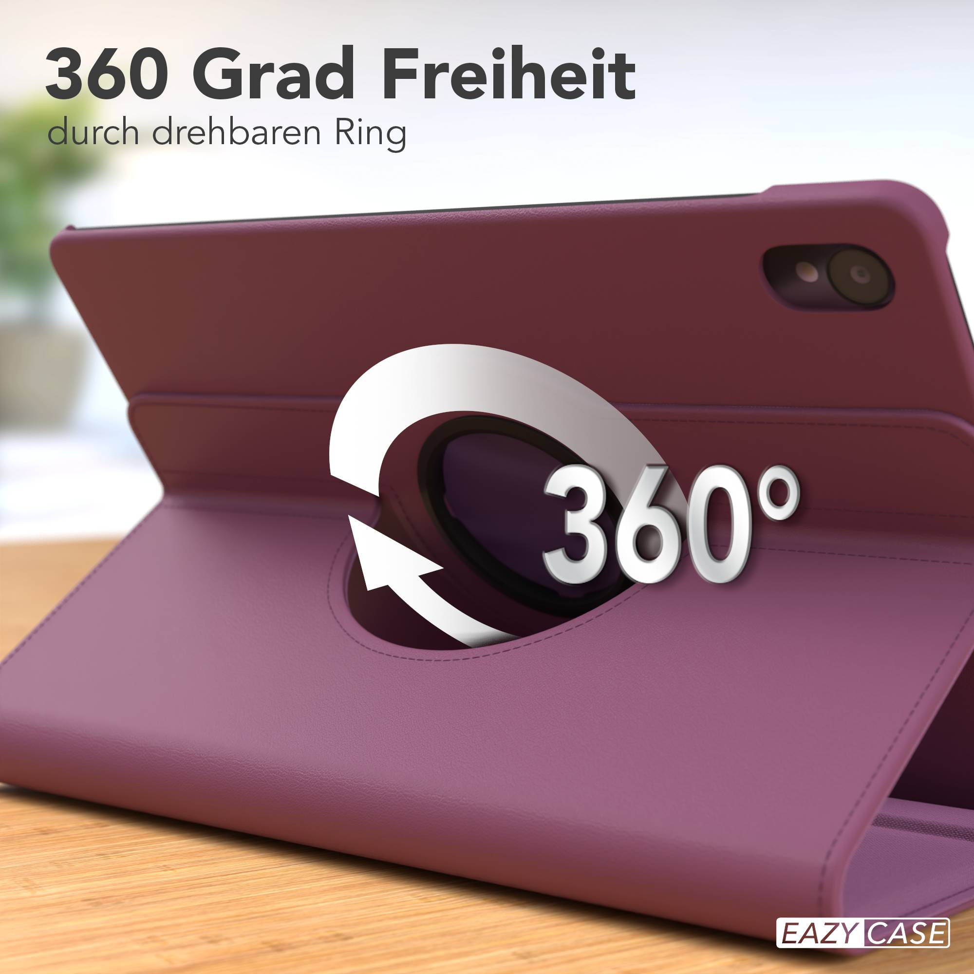 Lila Tablet-Hülle mit drehbarem Ring und 360°-Symbol.