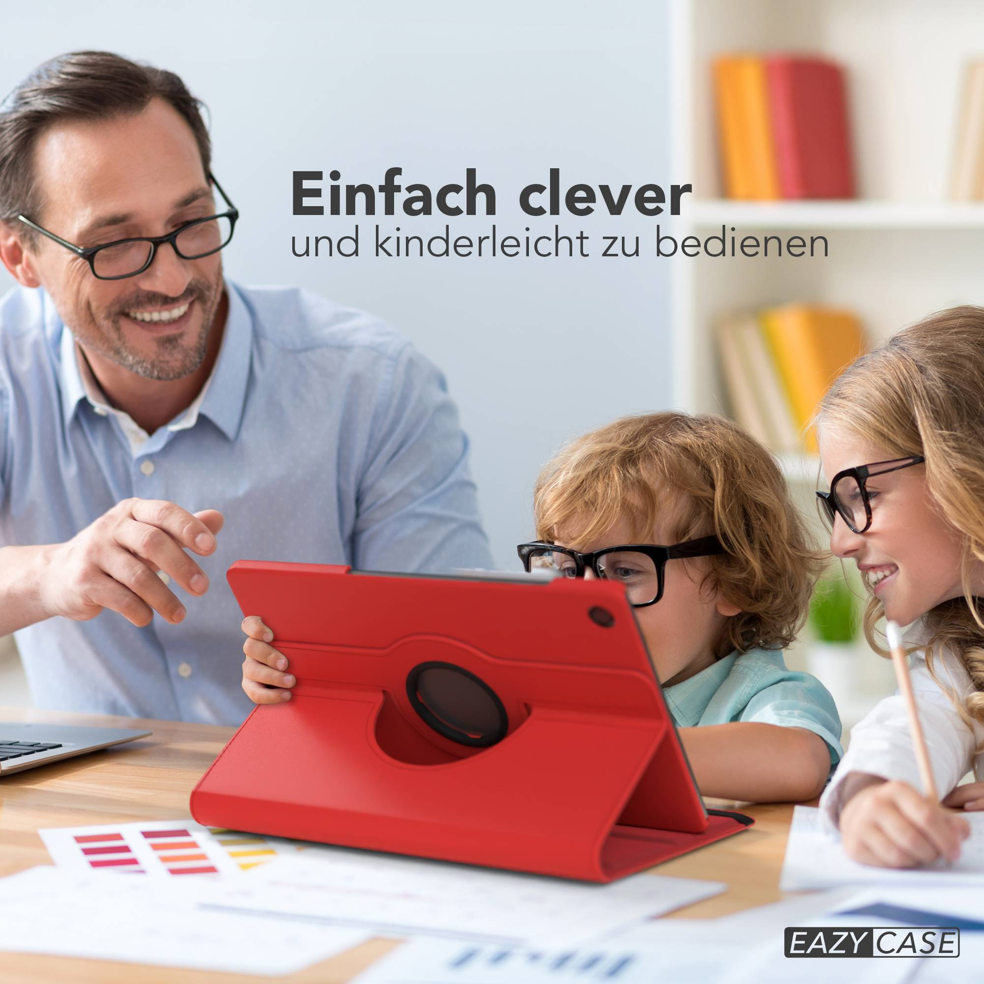 Mann zeigt Kindern ein Tablet, sie lernen.