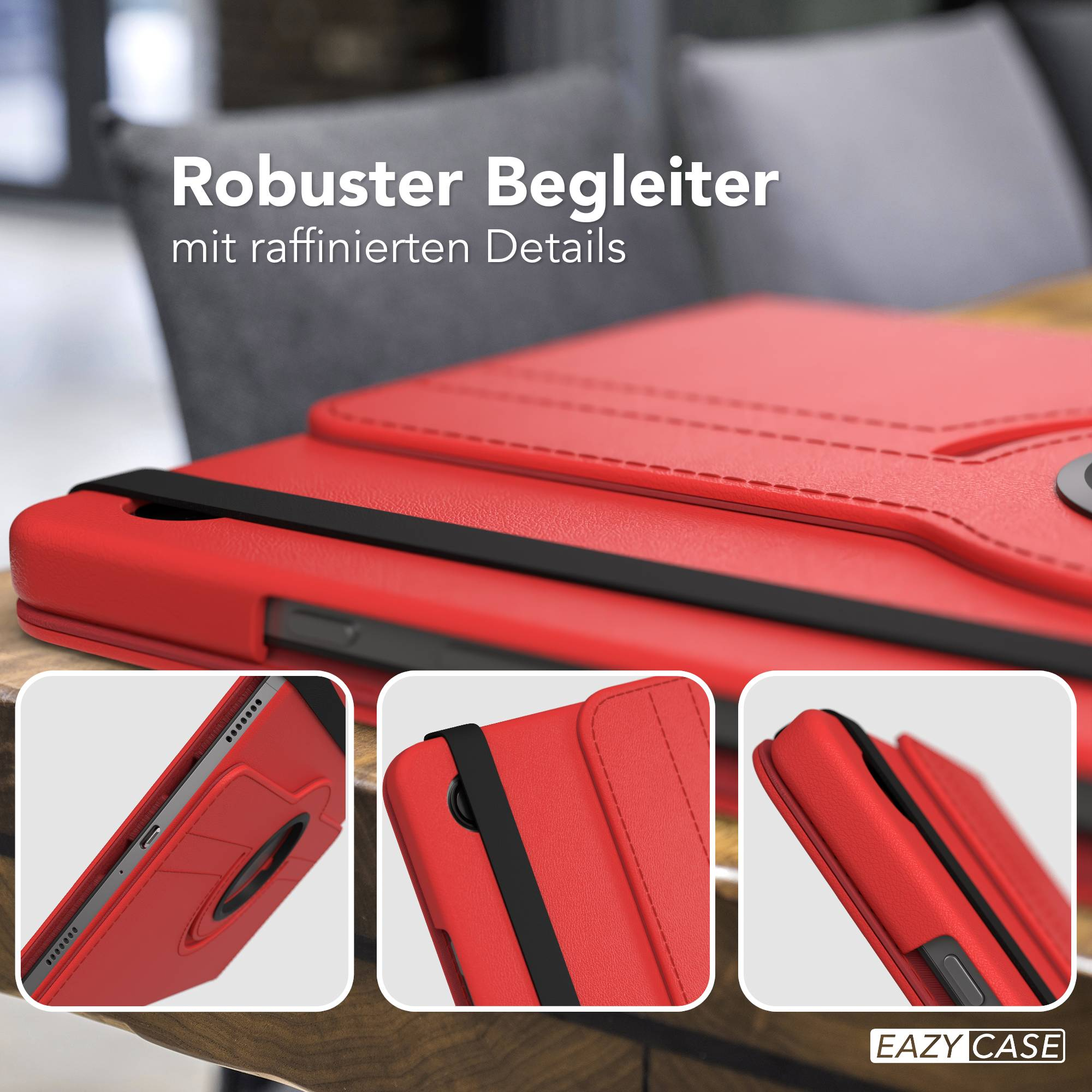 Rote Tablet-Hülle mit schwarzem Gummiband und Ausschnitten.
