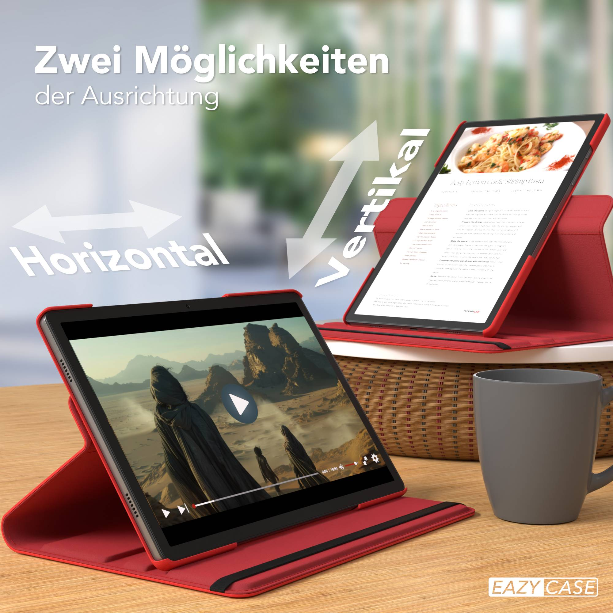 Zwei rote Tablet-Hüllen mit Tablets, die horizontal und vertikal auf einem Holztisch stehen.