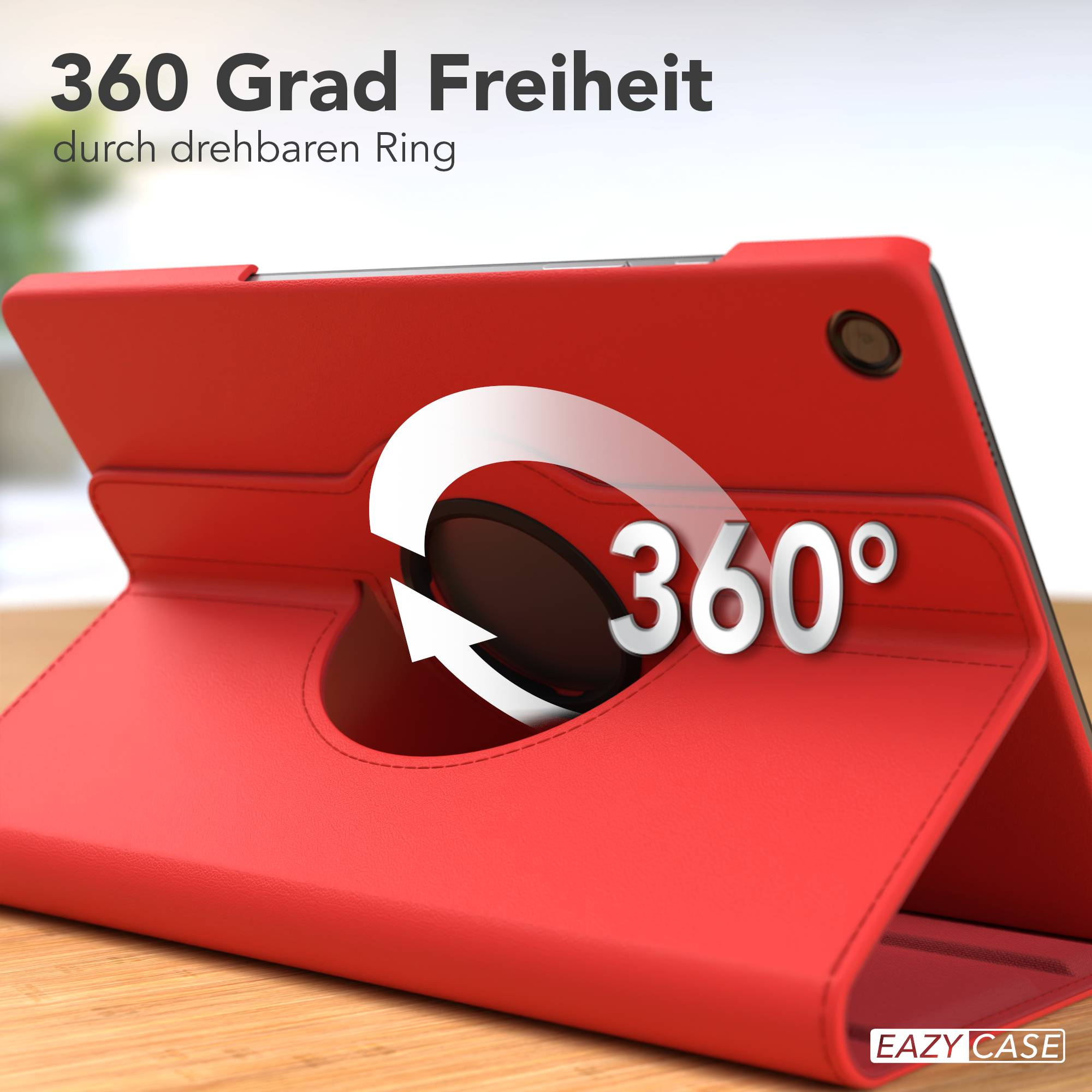 Rote Tablet-Hülle mit 360-Grad-Drehfunktion auf einem Holztisch.