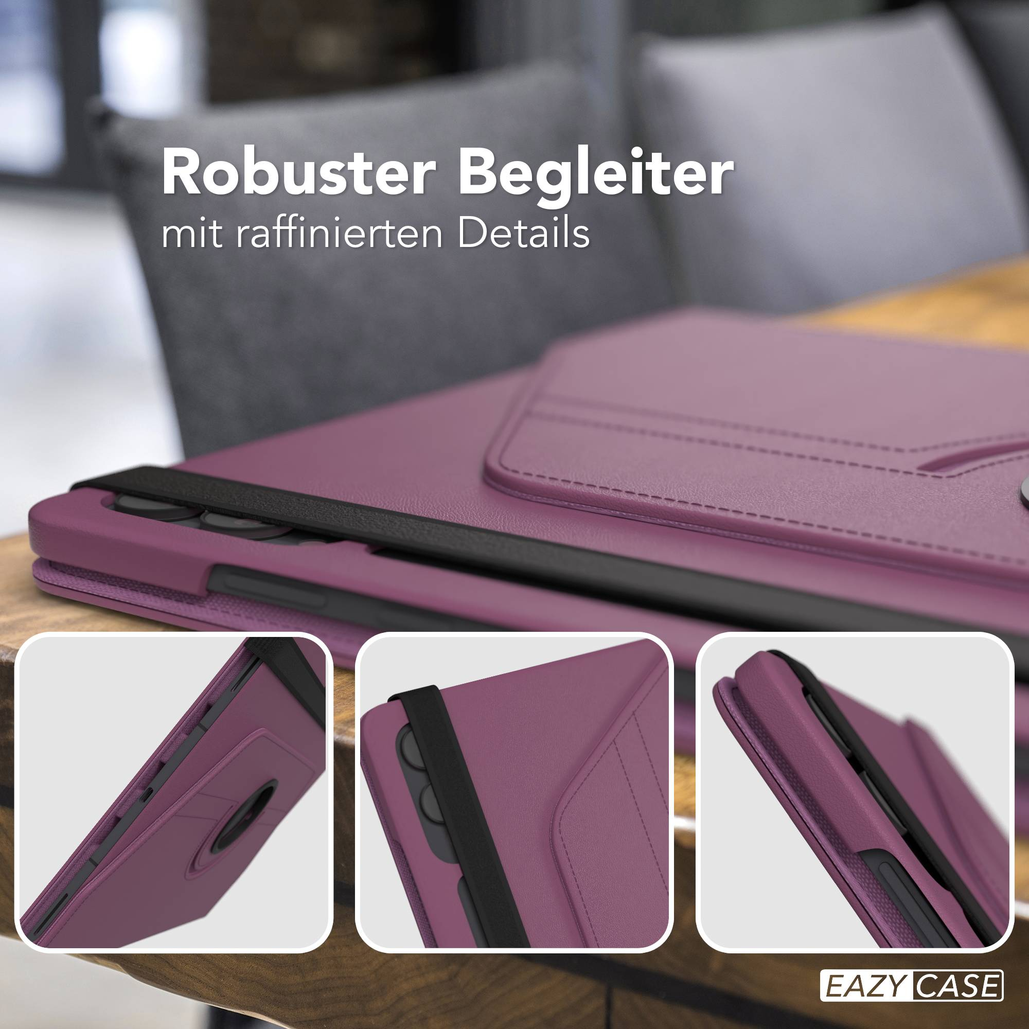 Lila Hülle für ein Tablet, die auf einem Holztisch liegt.