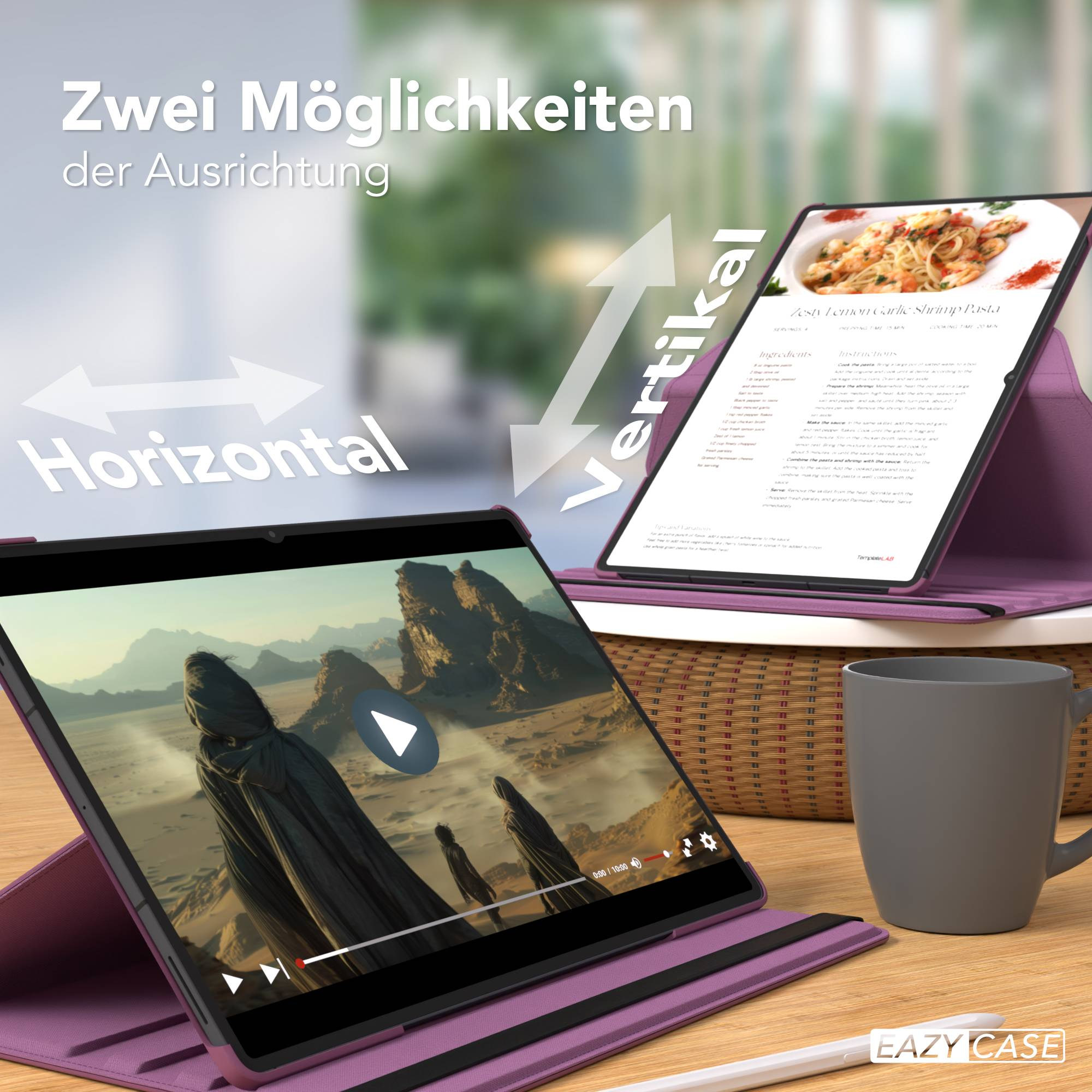Tablet in lila Hülle zeigt Video und Rezept, Horizontal/Vertikal-Optionen.