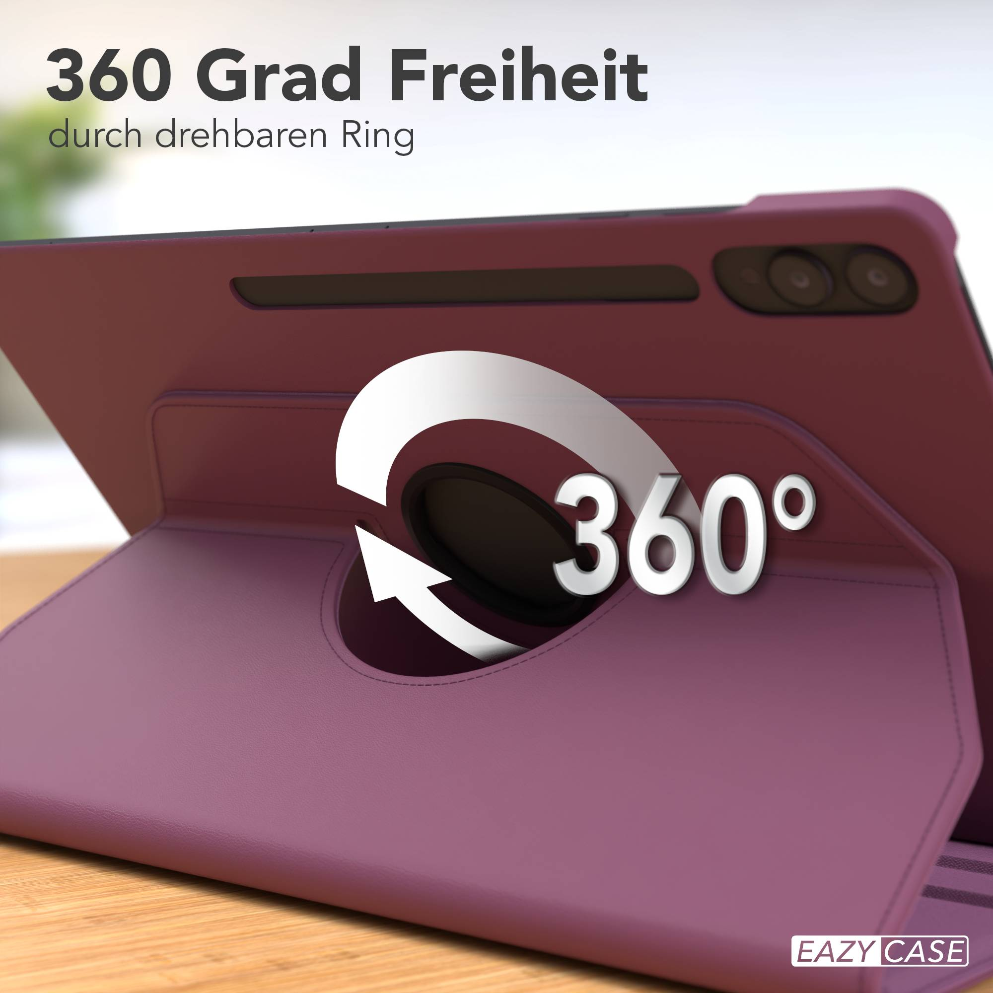 Lila Tablet-Hülle mit 360-Grad-Ring-Ständer auf Holztisch.