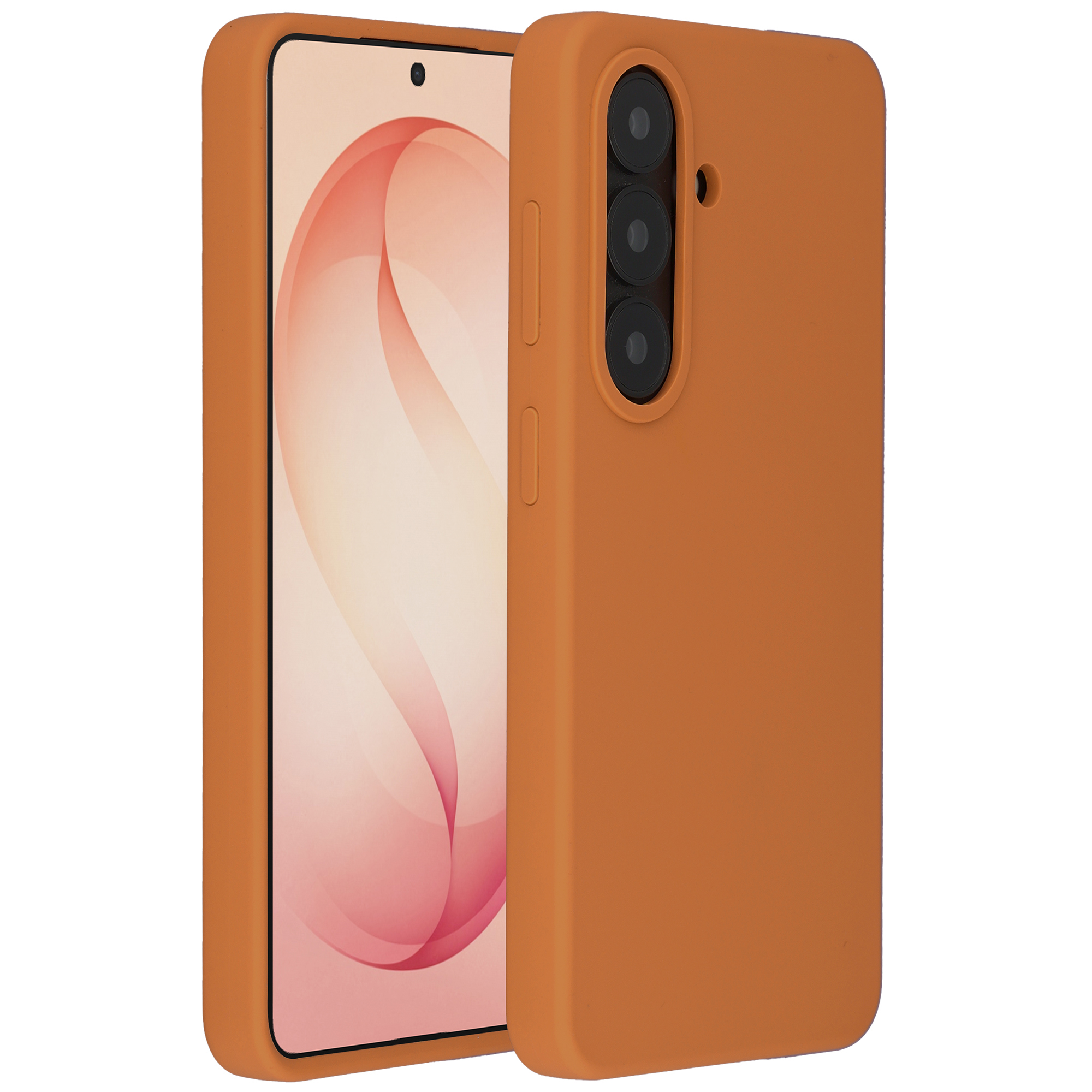 Oranje hoesje voor smartphone met drie cameralenzen.