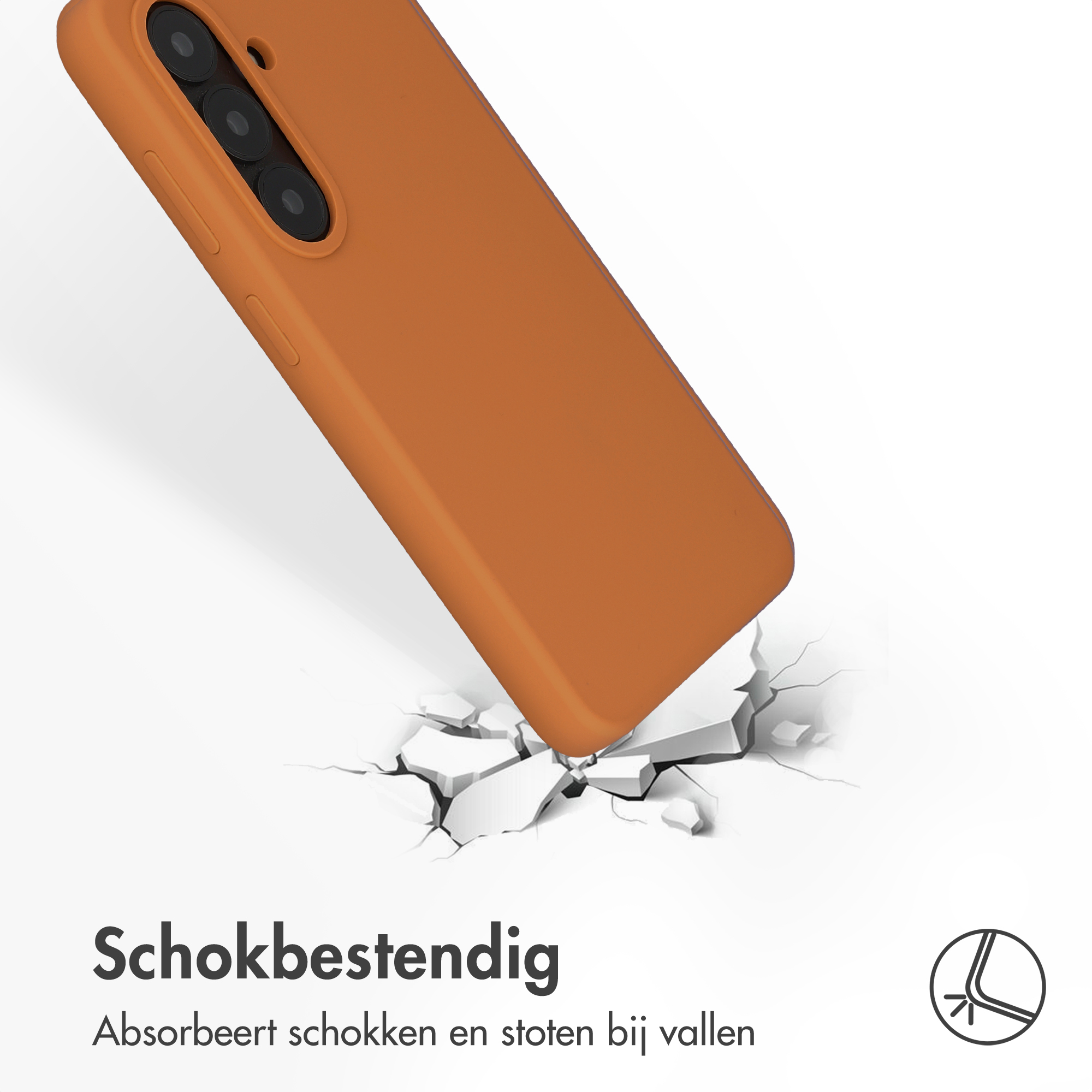Een oranje telefoonhoes breekt door witte oppervlakken.