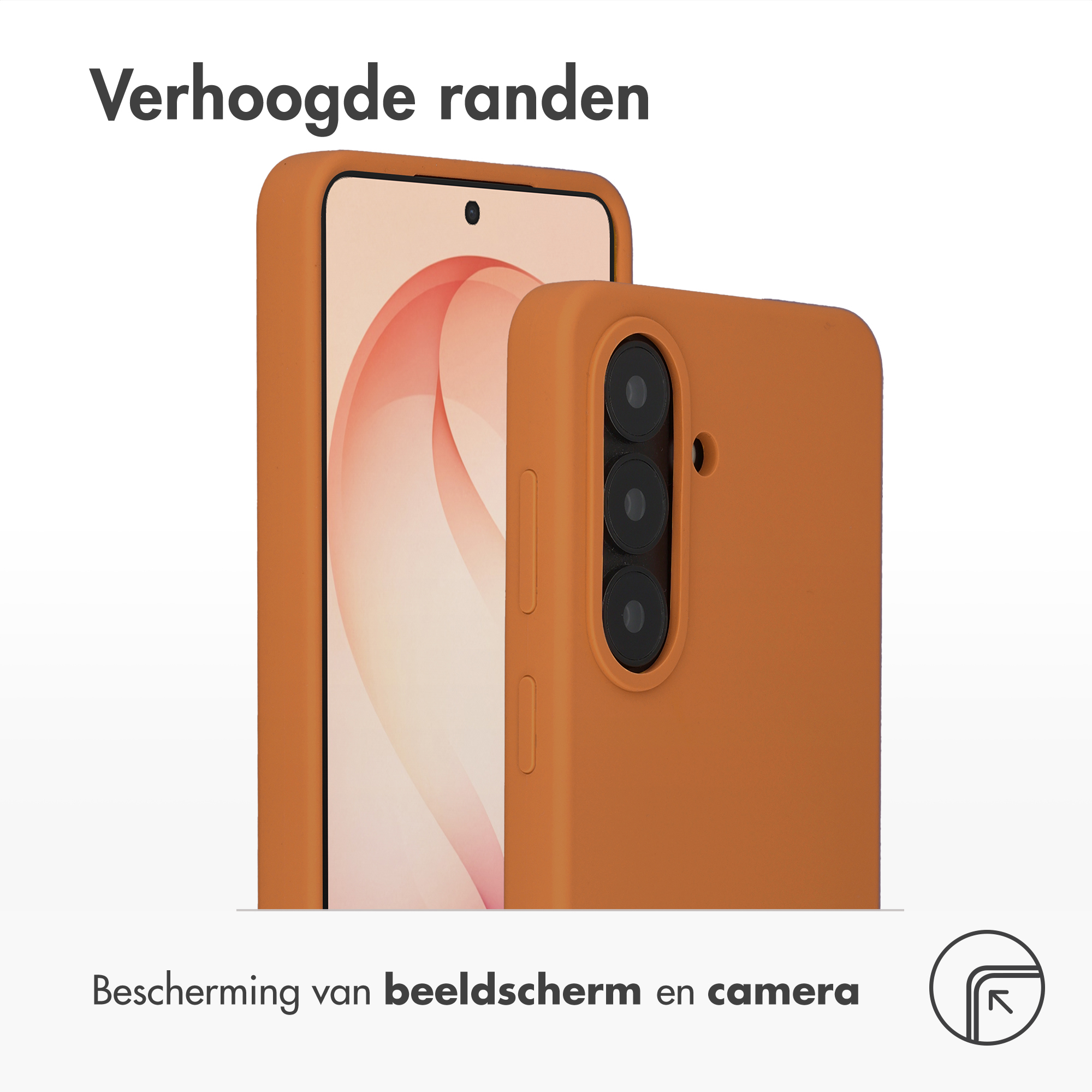 Oranje telefoonhoes met camera-uitsparing en schermbescherming.