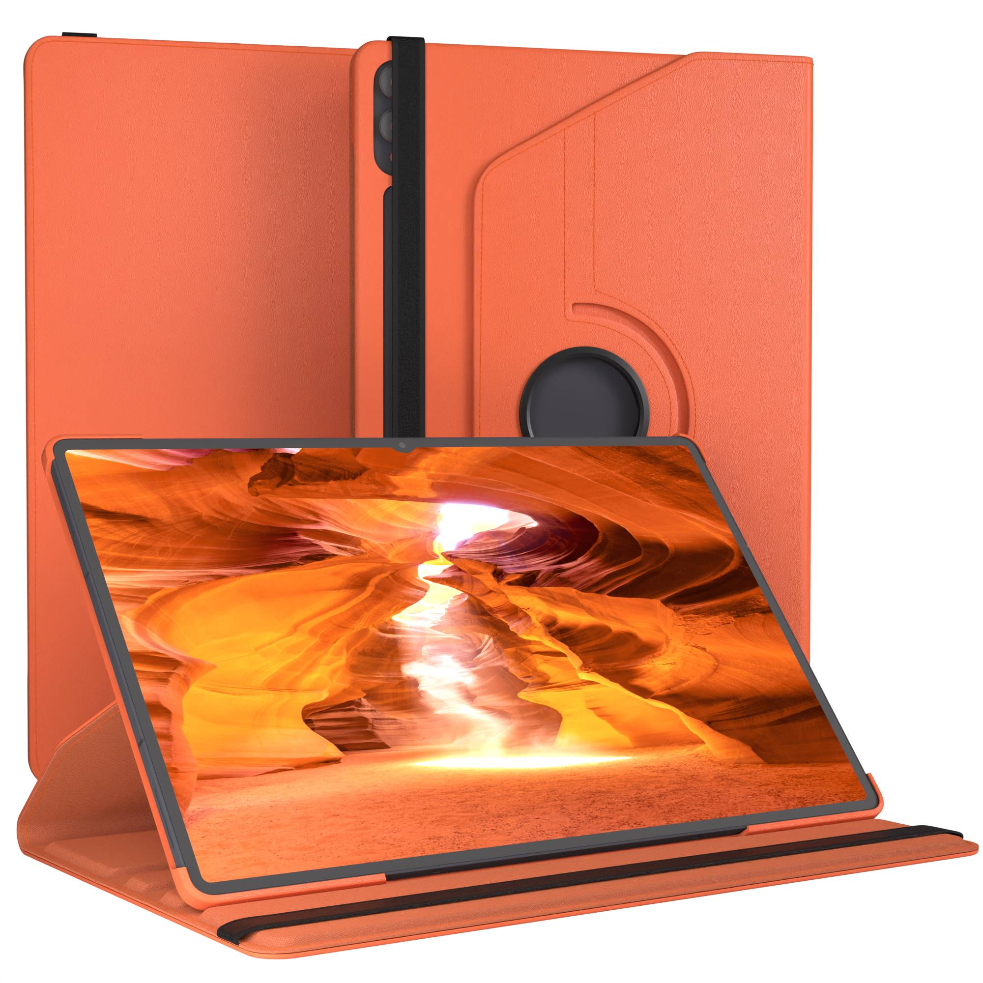 Orange Tablet Hülle mit Ansicht eines Canyons auf dem Bildschirm.