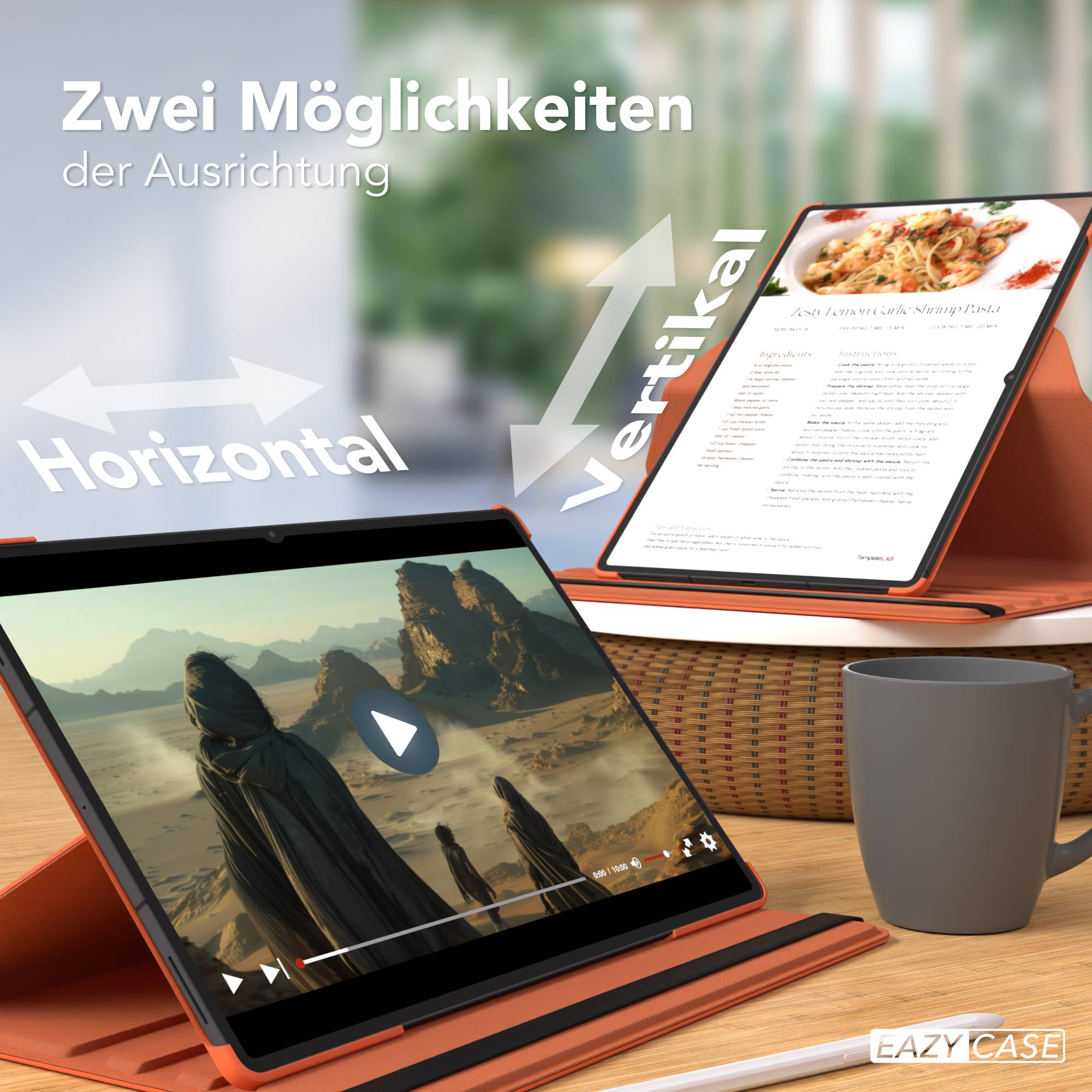 Tablet zeigt Video und Rezept für Garnelenpasta in zwei Ausrichtungen: Horizontal und Vertikal.