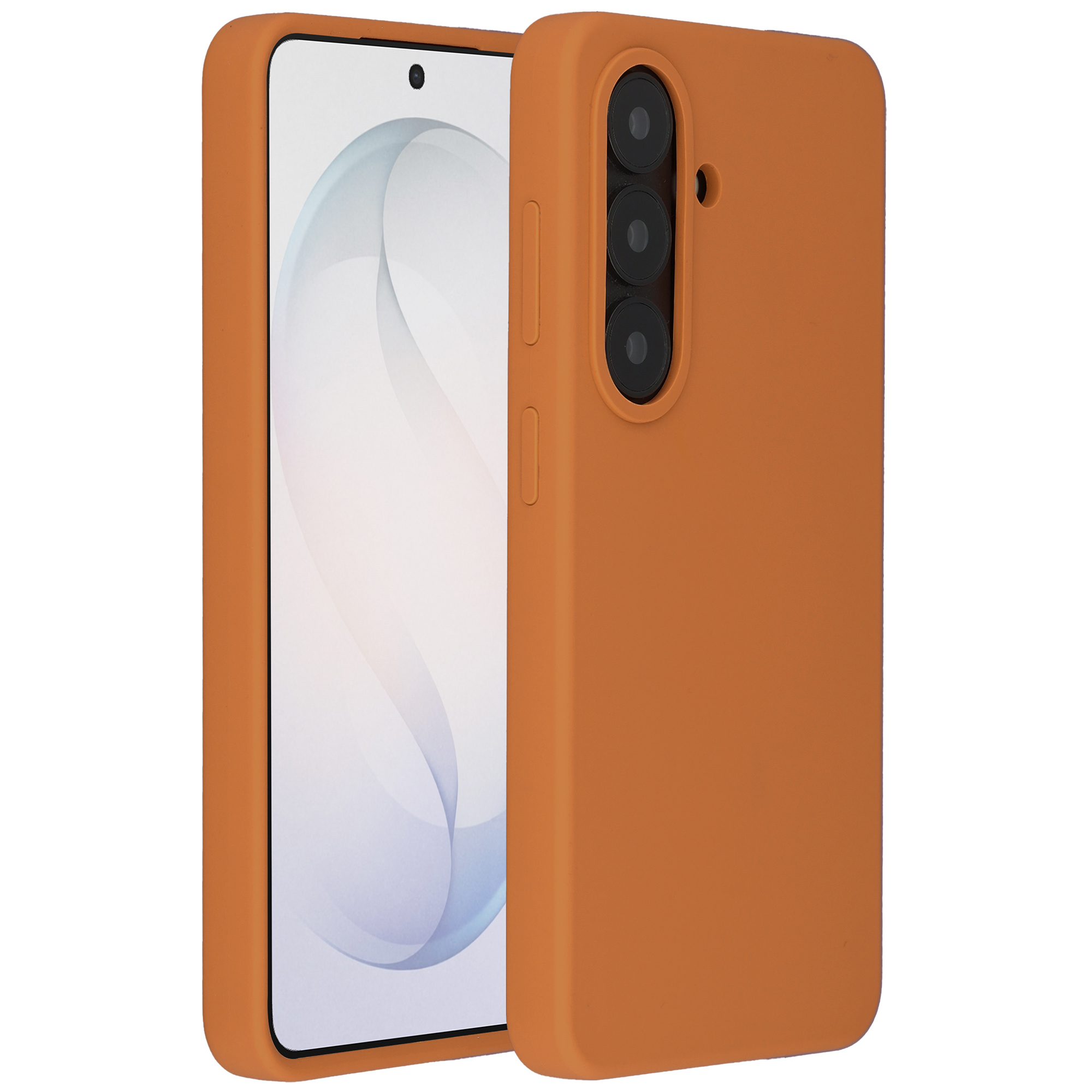 Een oranje telefoon met een drievoudige camera aan de achterkant.