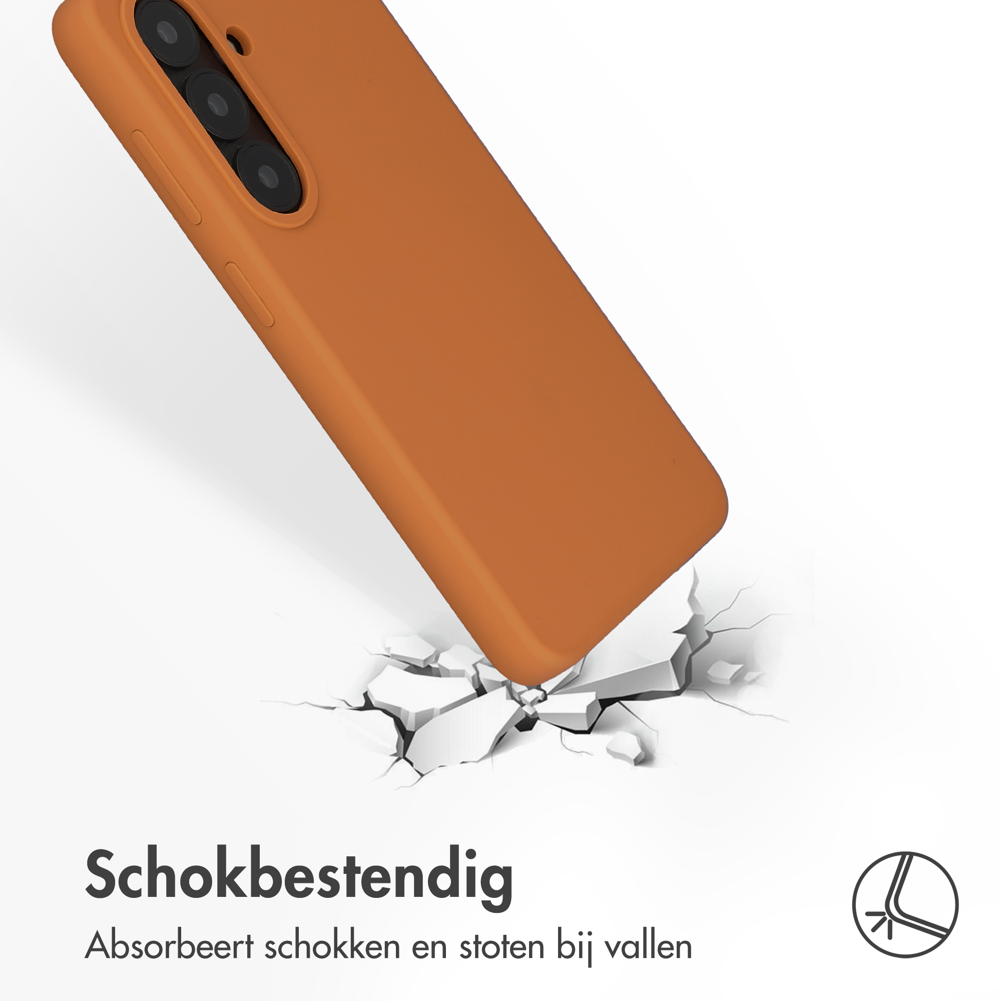 Oranje telefoonhoesje breekt door witte ondergrond. Schokabsorptie icoon.