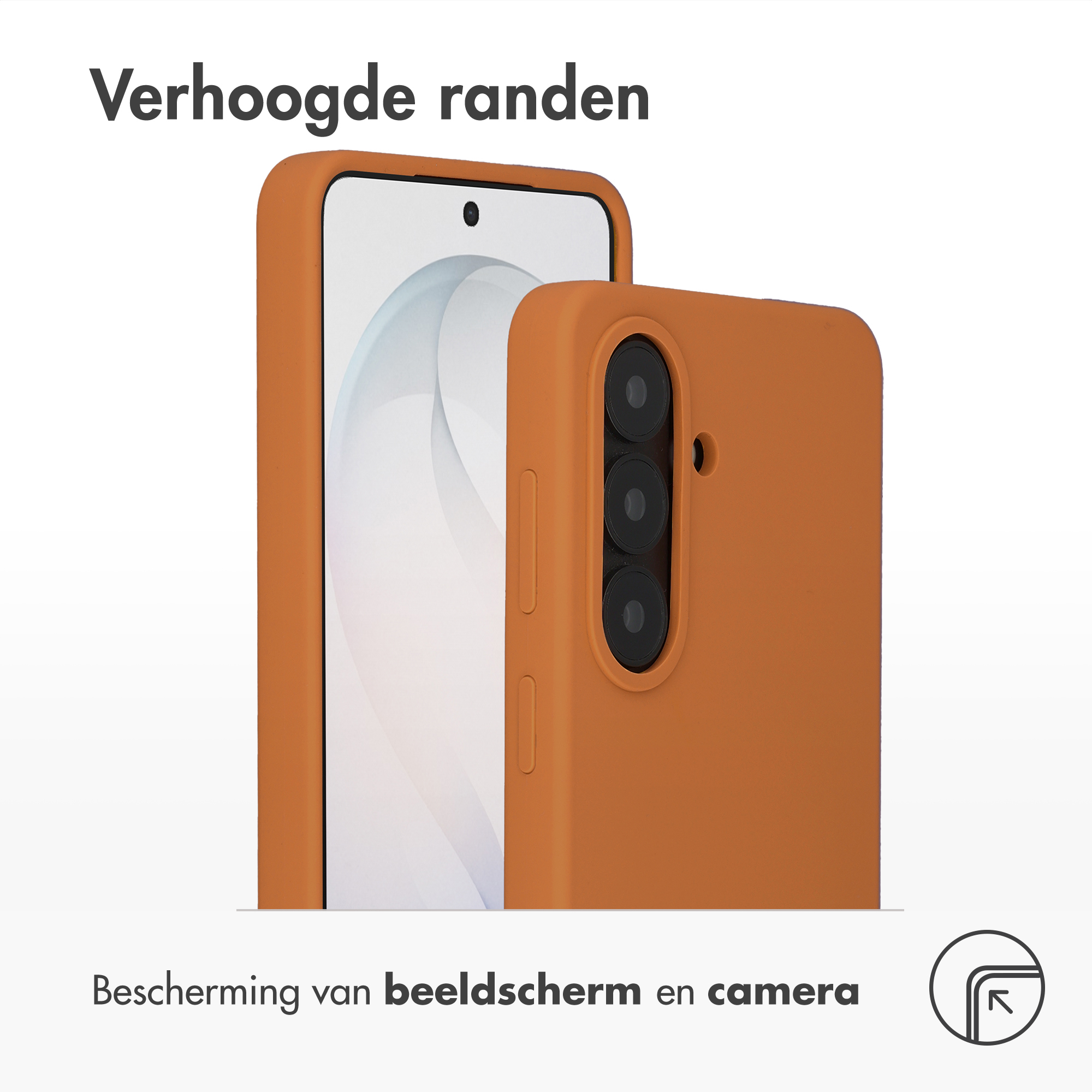 Oranje telefoonhoes met drie camera's en verhoogde randen.
