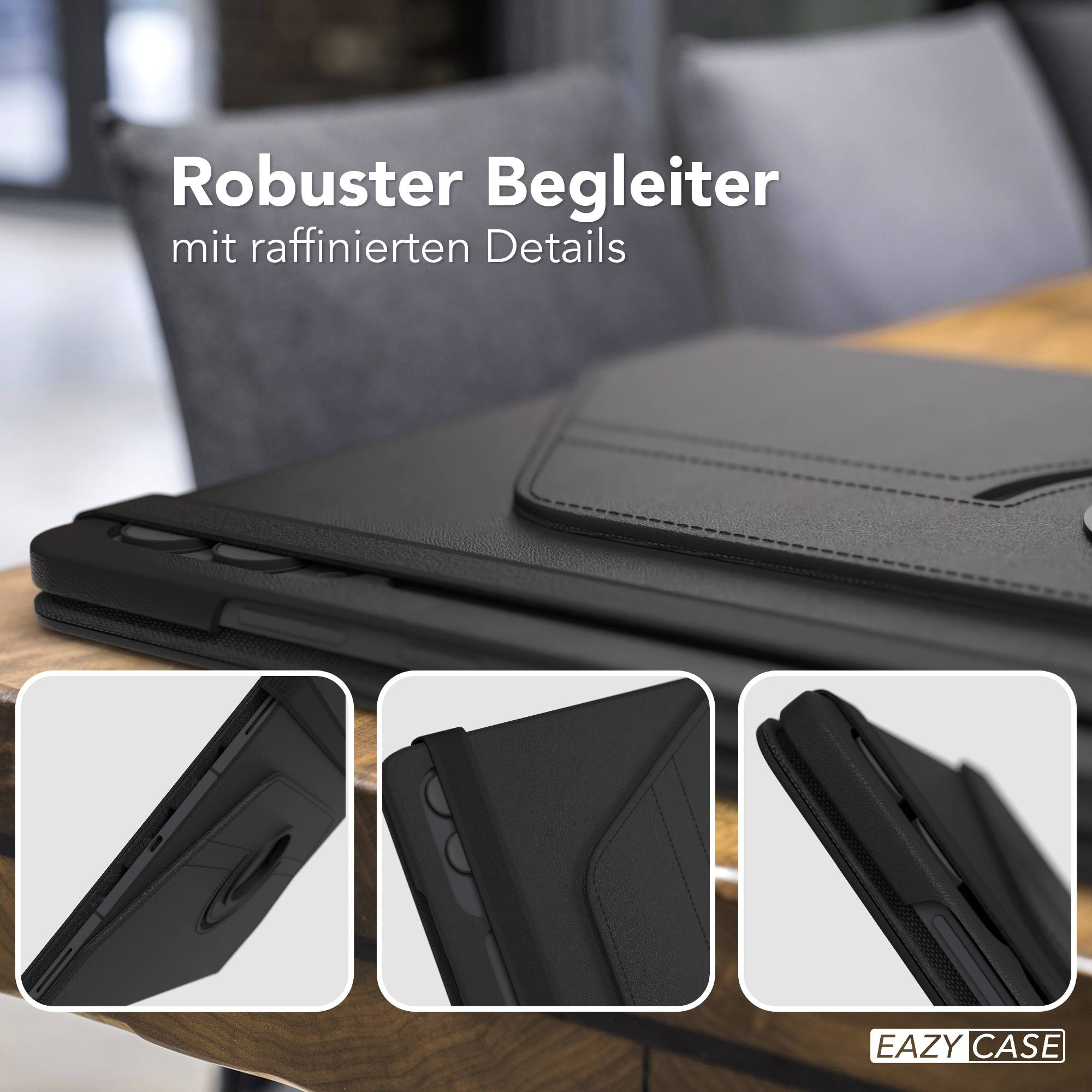 Schwarze Handyhülle mit drei Detailansichten, die das Design zeigen.