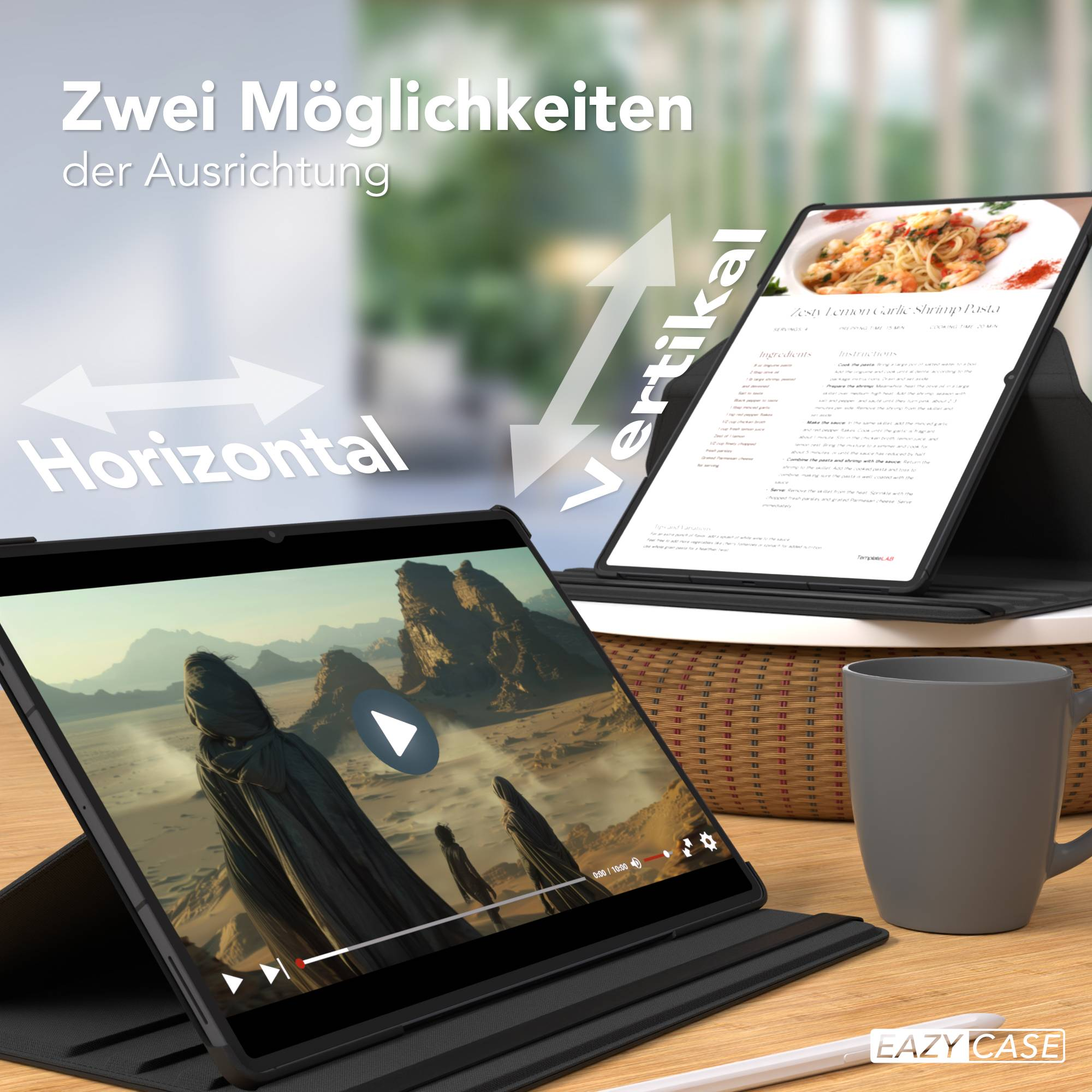 Zwei Ausrichtungen: Ein Tablet zeigt ein Rezept, das andere ein Video.
