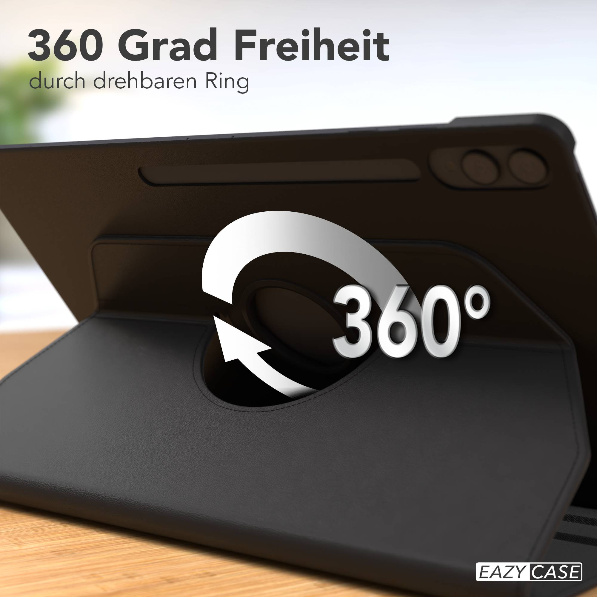 Schwarze Tablet-Hülle mit drehbarem Ring für 360-Grad-Flexibilität.