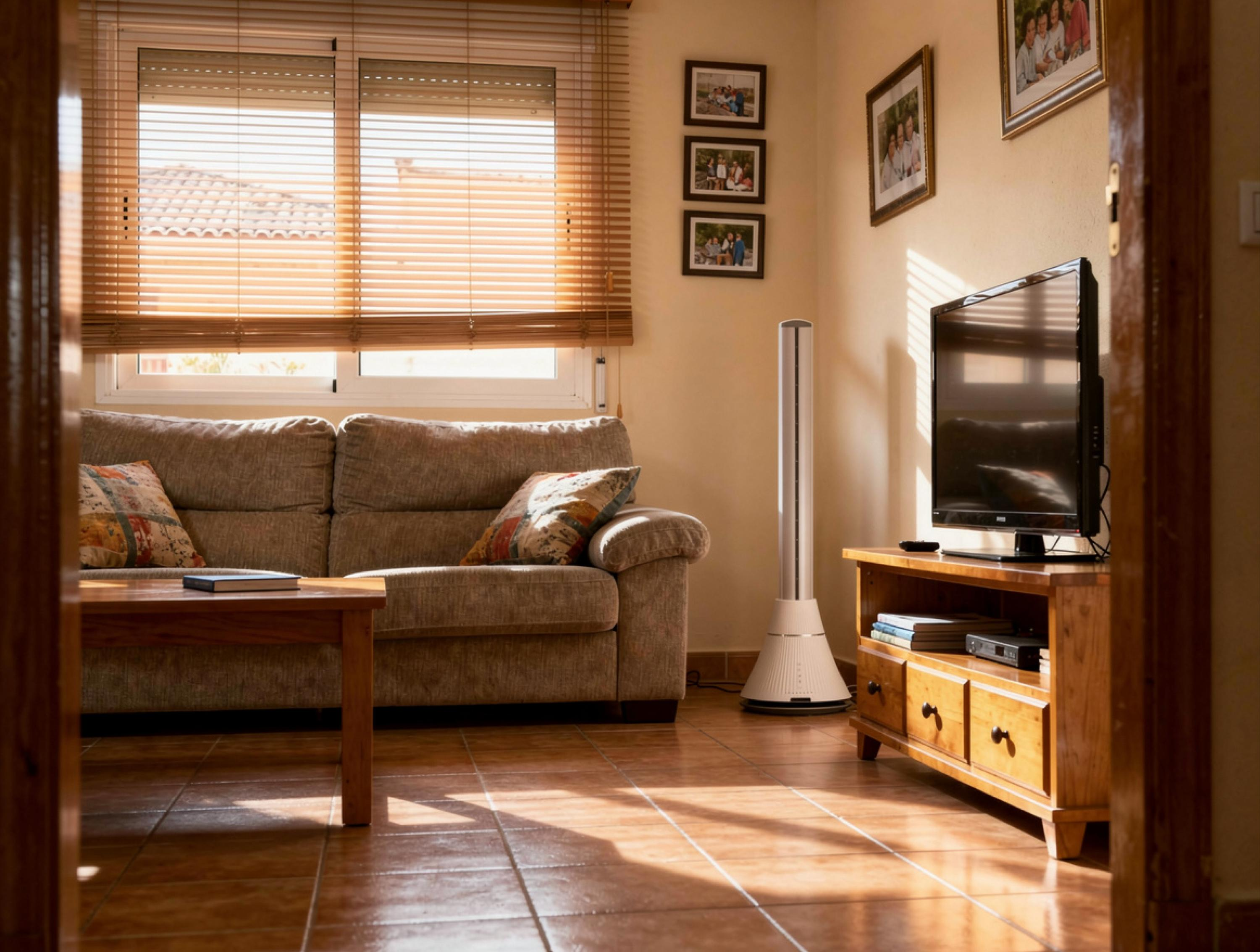 Una sala de estar con sofá, TV, ventilador y cuadros en la pared.