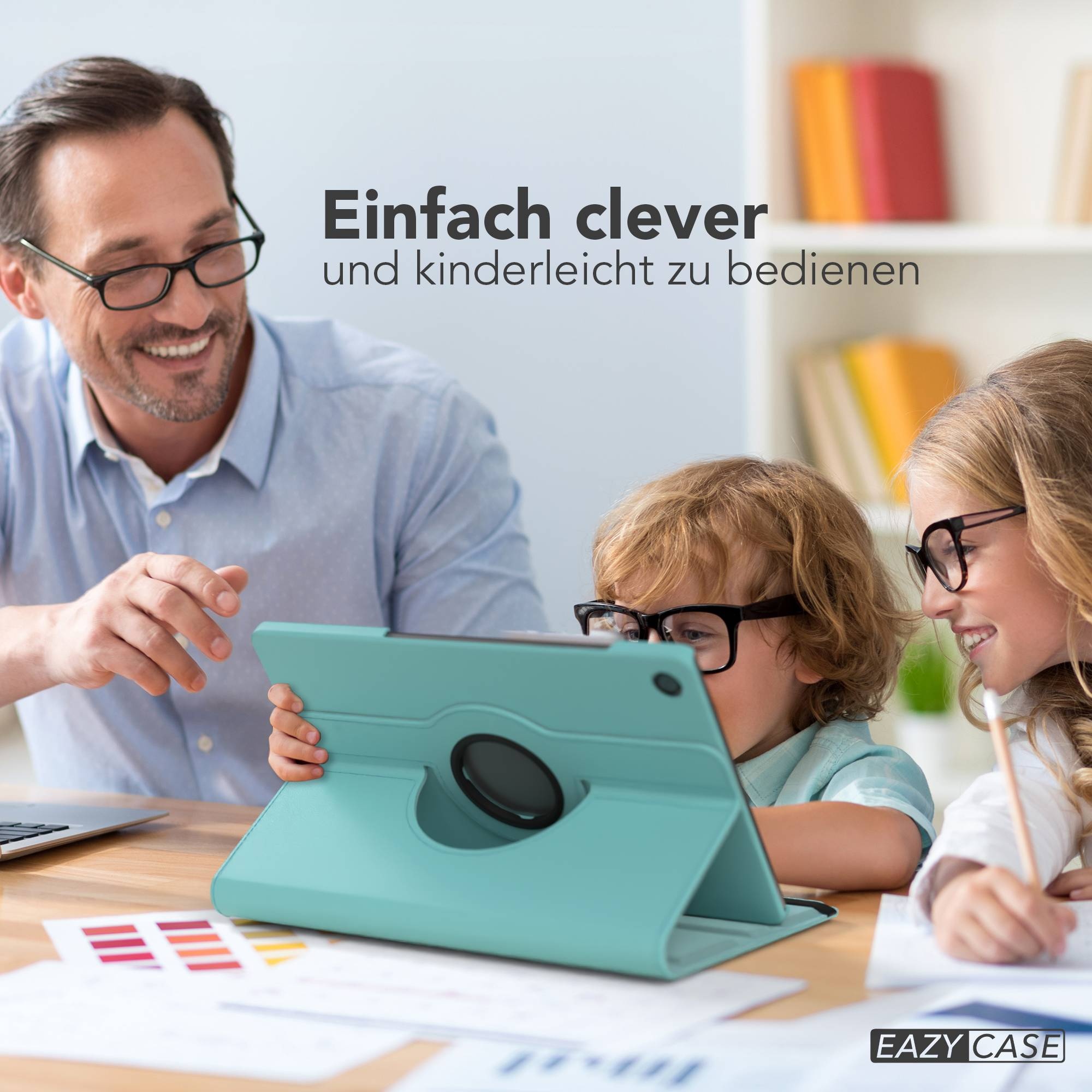 Mann zeigt Kindern ein Tablet, sie lernen und schreiben.