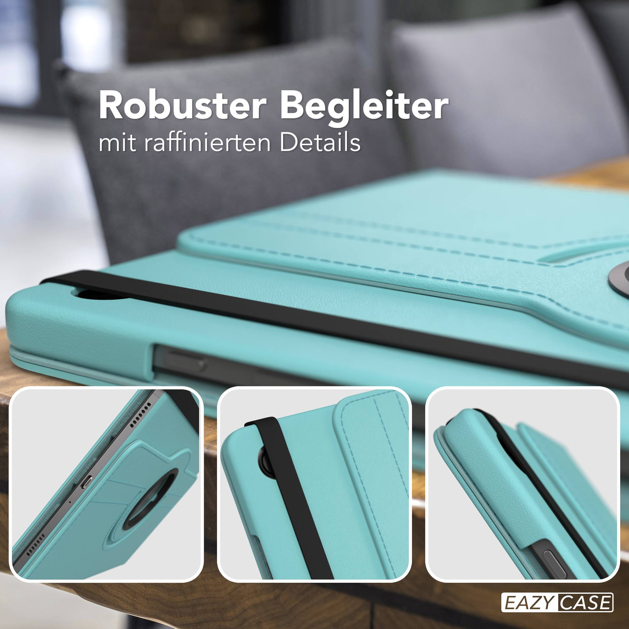 Türkisblaue Tablet-Hülle mit schwarzem Gummiband und Nähten.