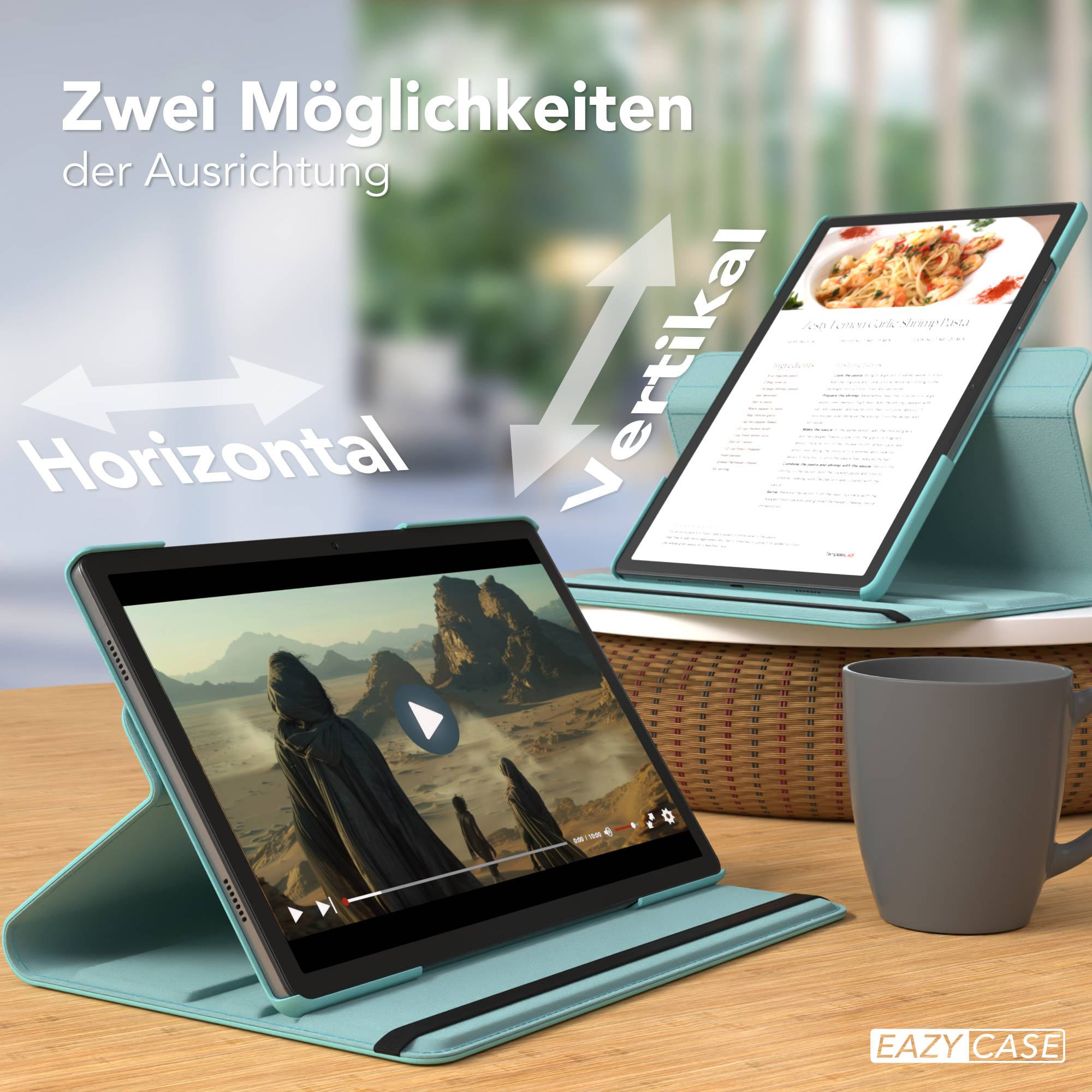 Zwei Tablets in türkisen Hüllen, eines mit Video, eines mit Rezept.