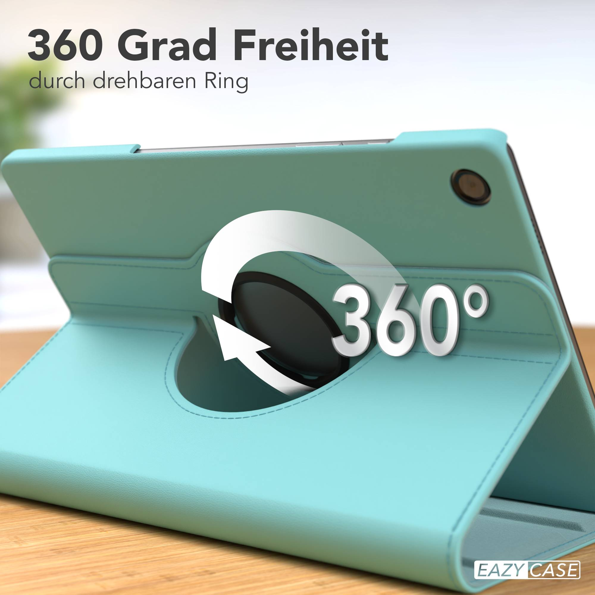 Türkiser Tablet-Ständer mit 360-Grad-Drehfunktion und Pfeil-Symbol.