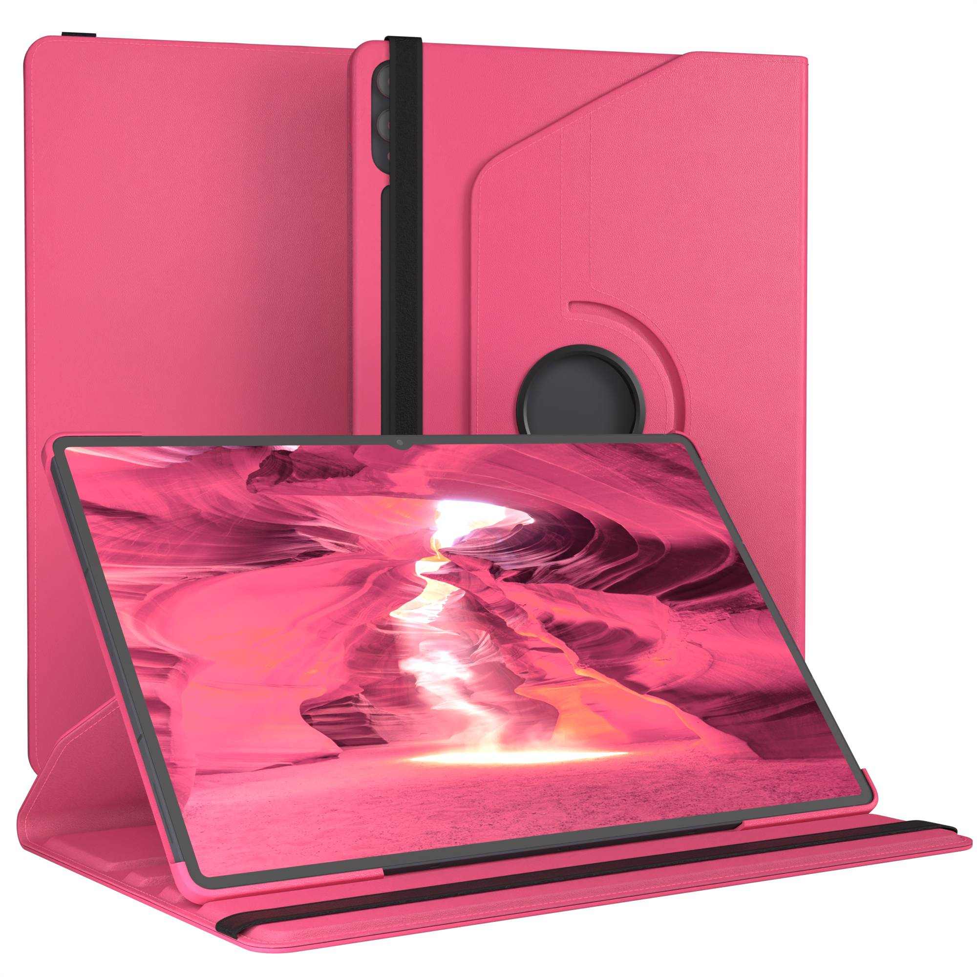Ein rosafarbener Tablet-Ständer mit einem stilvollen Bildschirmschoner.