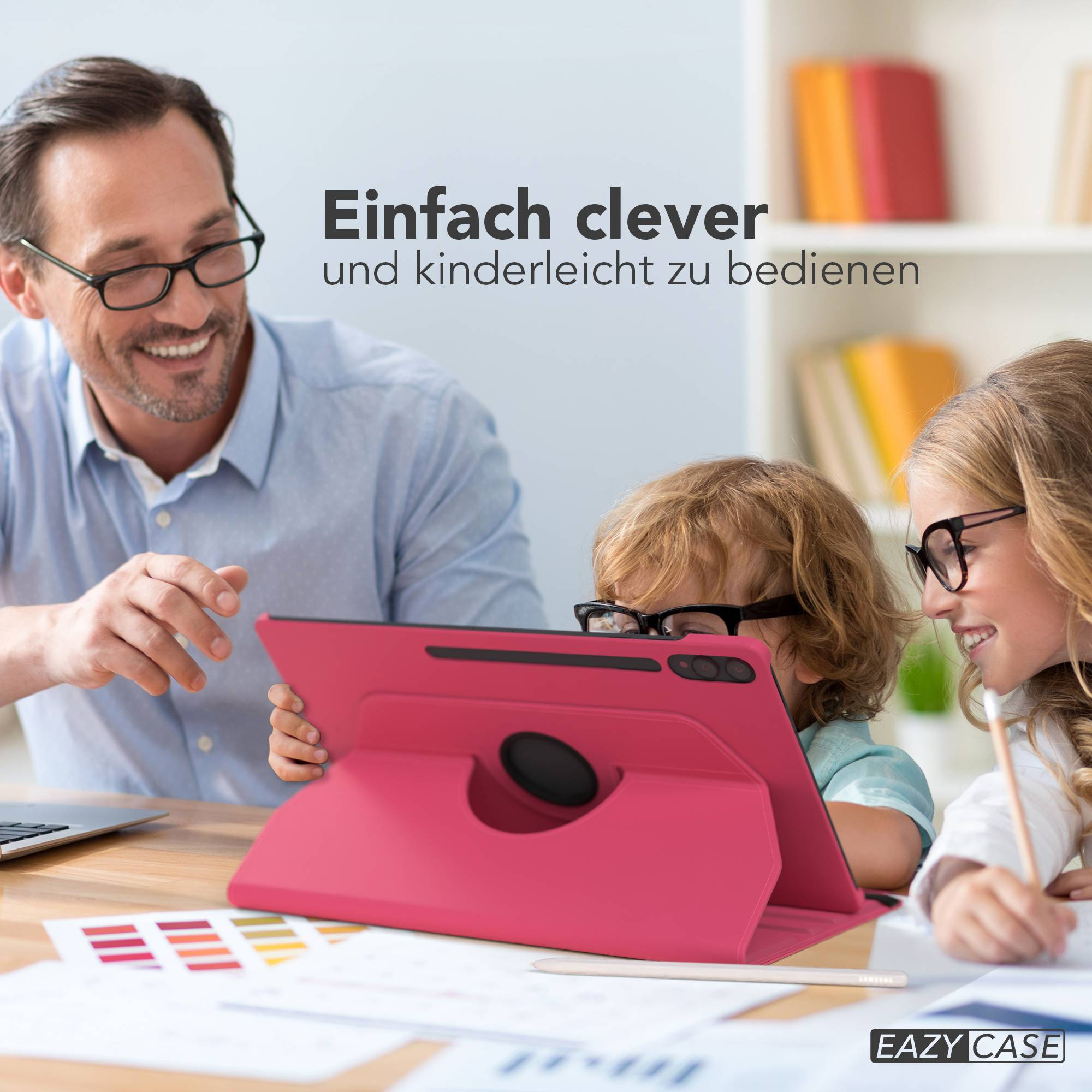 Mann mit Kindern schaut auf ein pinkes Tablet. "Einfach clever"
