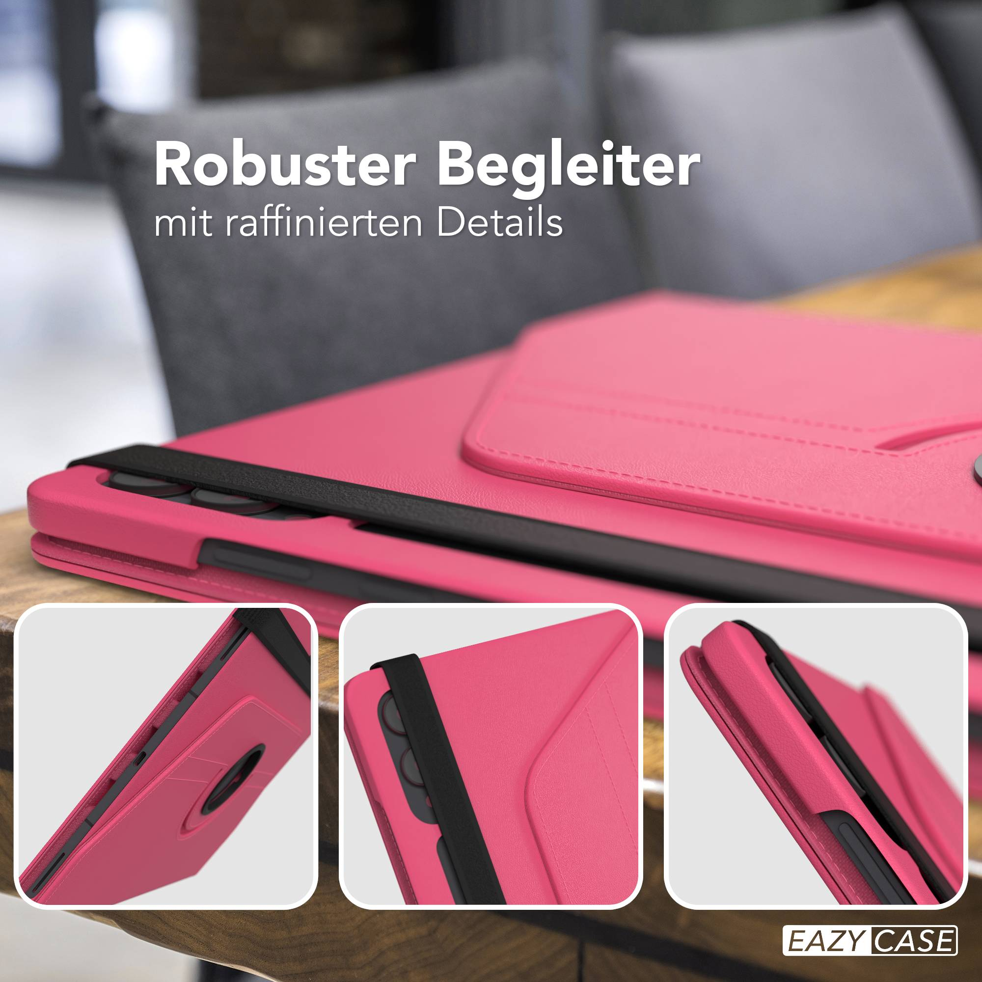 Ein pinkes Tablet-Etui mit schwarzem Gurt und drei Detailansichten.