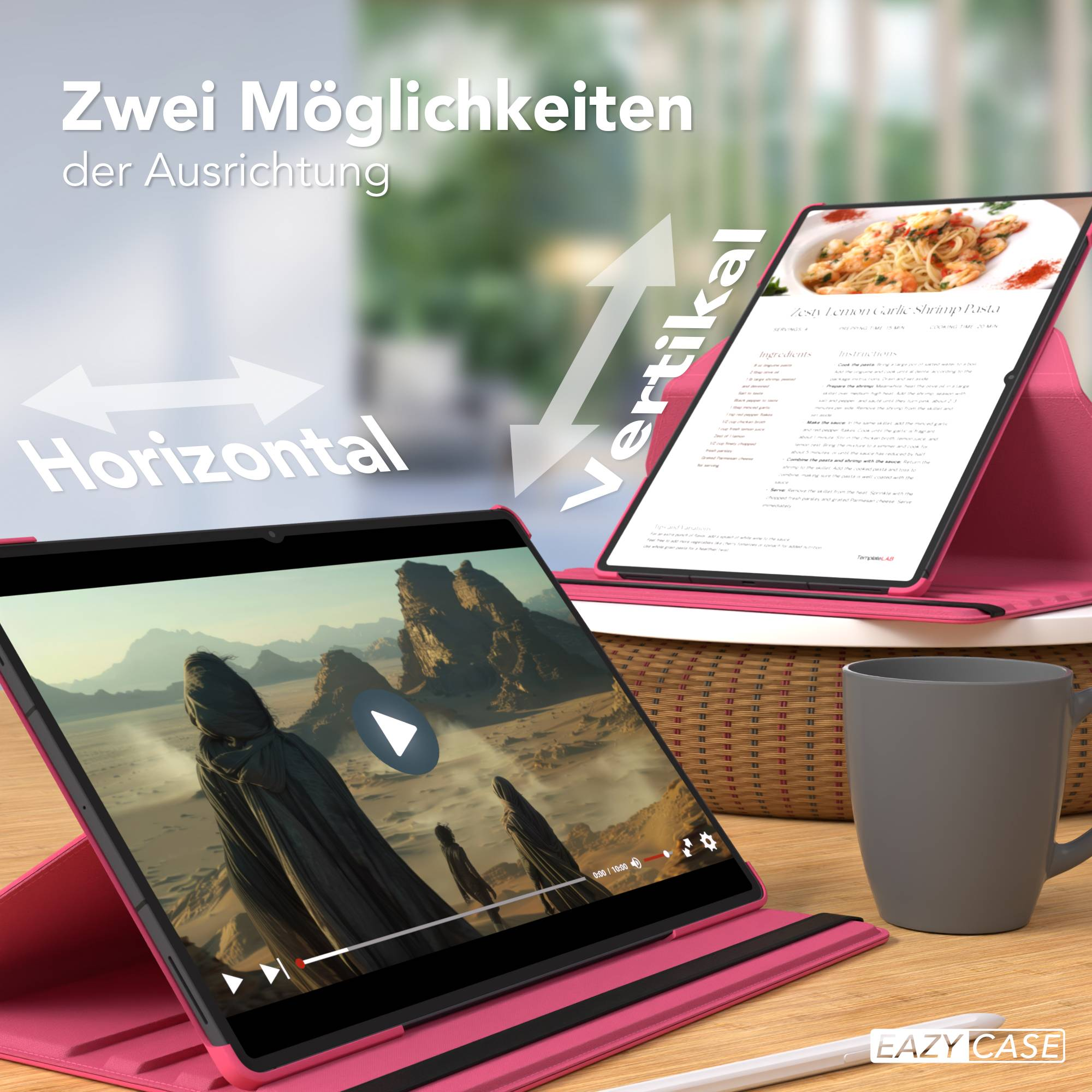 Ein Tablet zeigt ein Rezept und ein Video mit Pfeilen für horizontale und vertikale Ausrichtung.