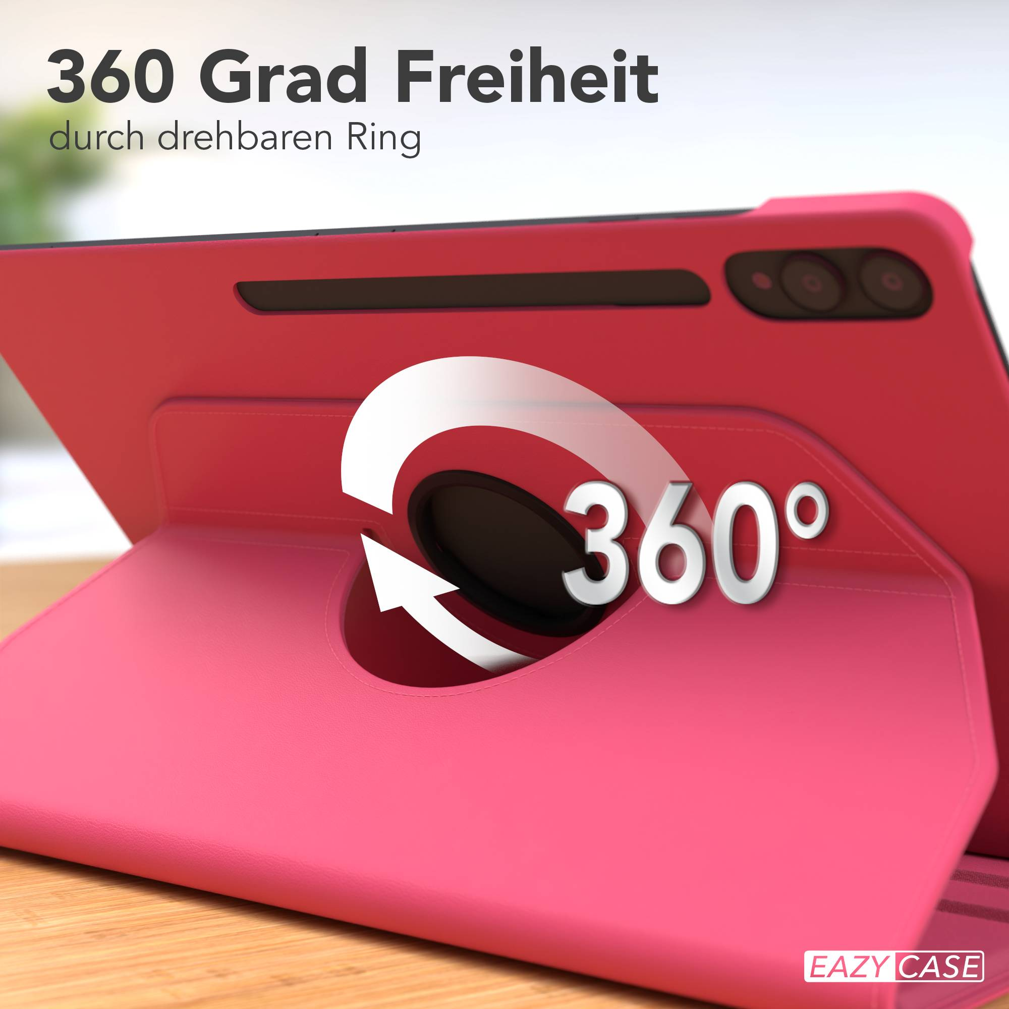 Eine rosafarbene Tablet-Hülle mit drehbarem Ring und der Aufschrift 360 Grad.