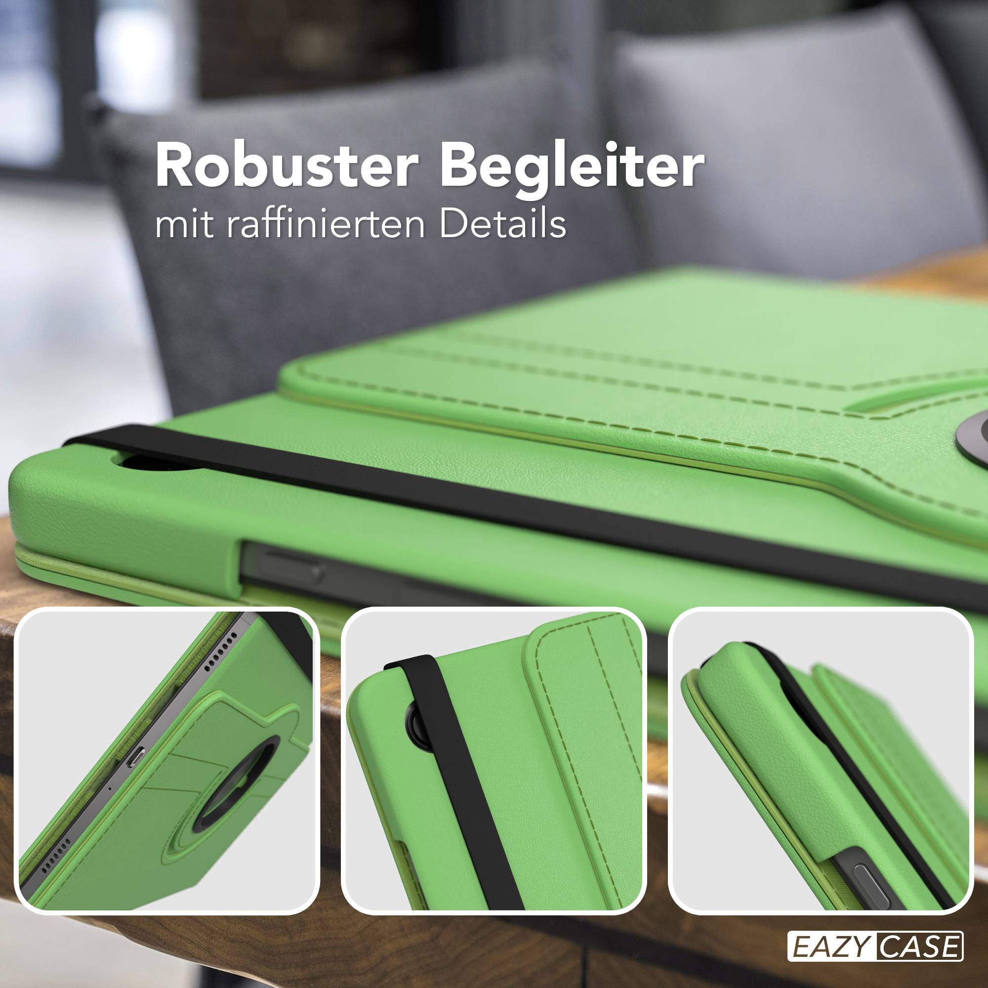 Grüne Tablet-Hülle mit Riemen. Details zeigen Anschlüsse und Nähte.