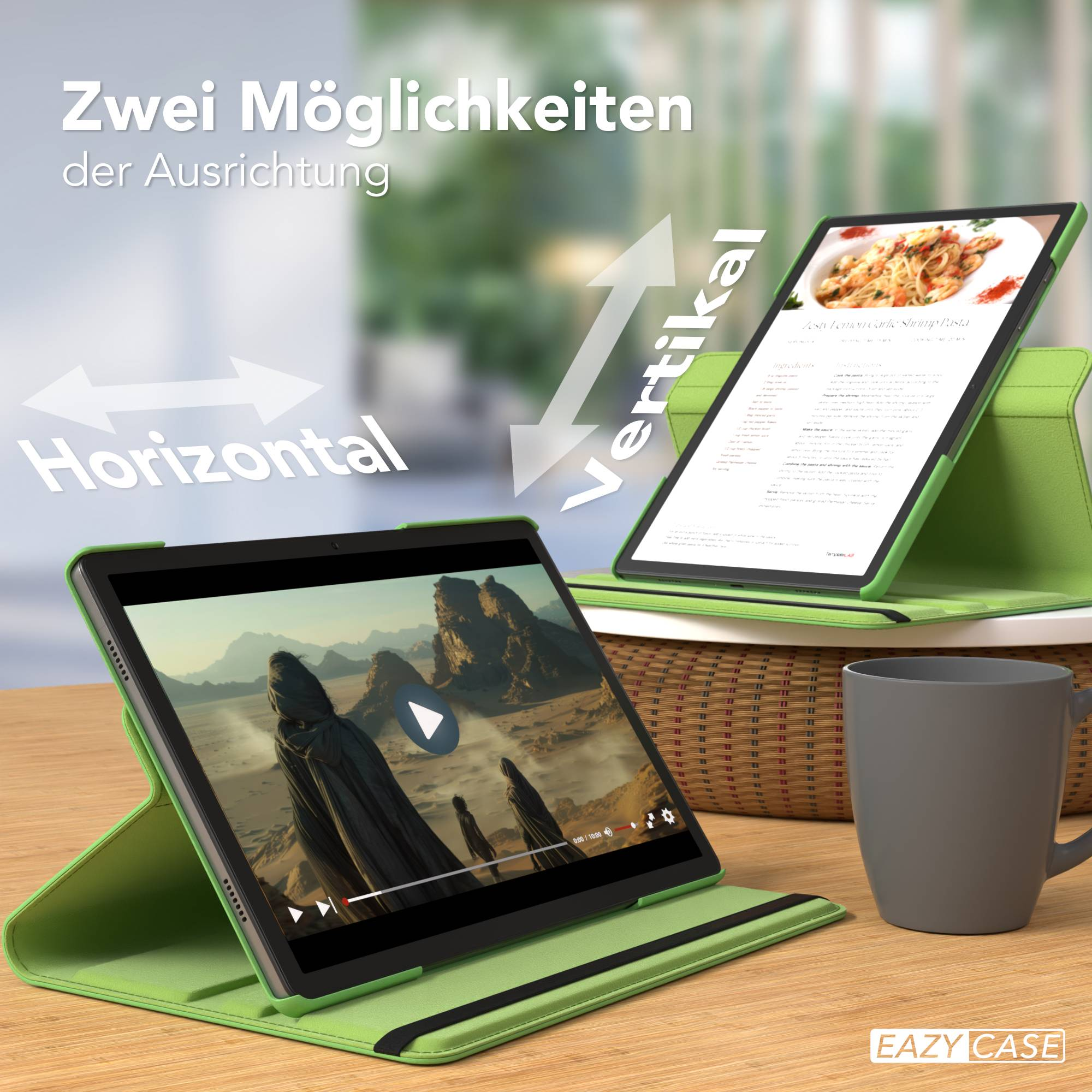 Zwei grüne Tablet-Hüllen auf einem Holztisch. Ein Tablet zeigt ein Video, das andere ein Rezept.