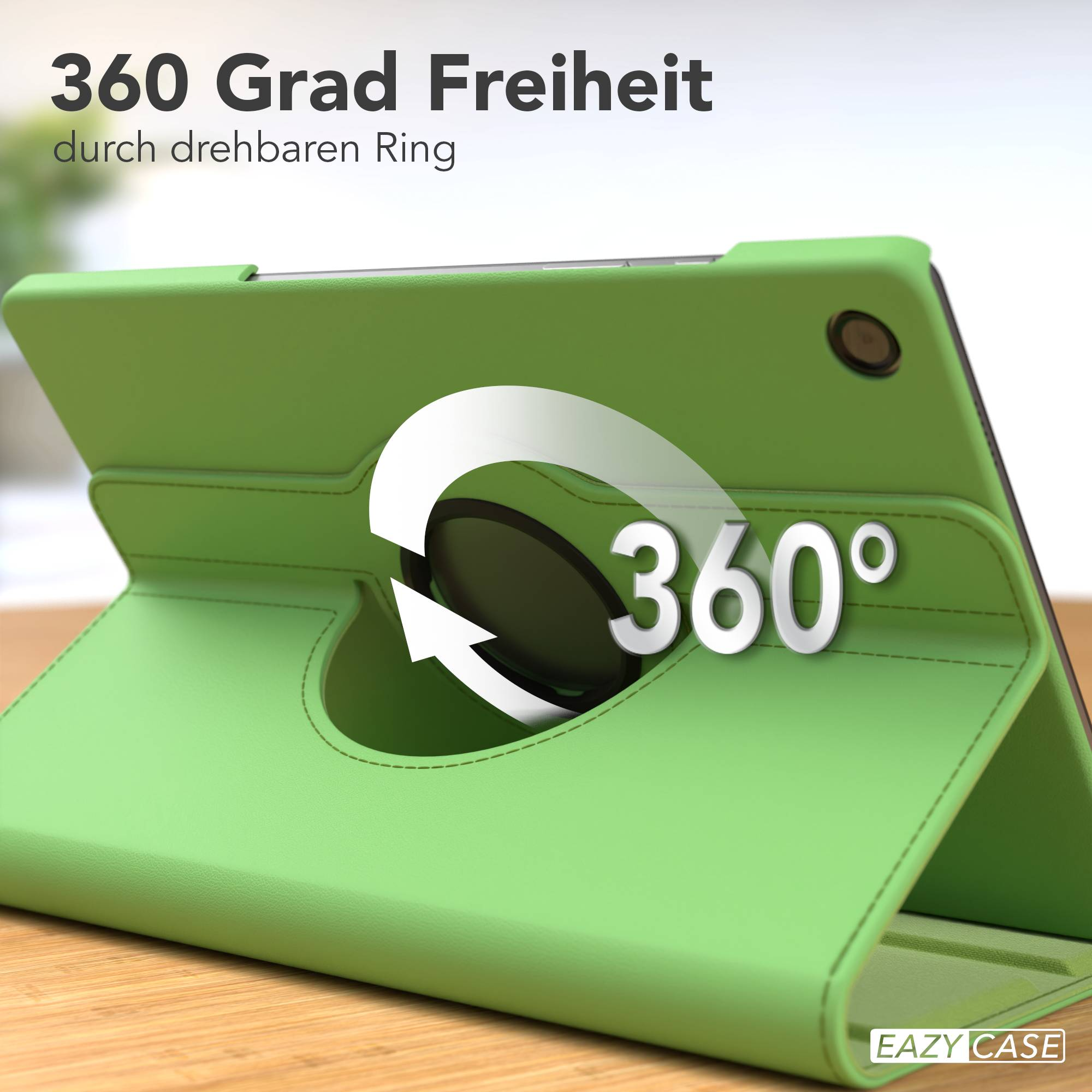 Grüne Tablet-Hülle mit 360-Grad-Rotationsgrafik und Text.