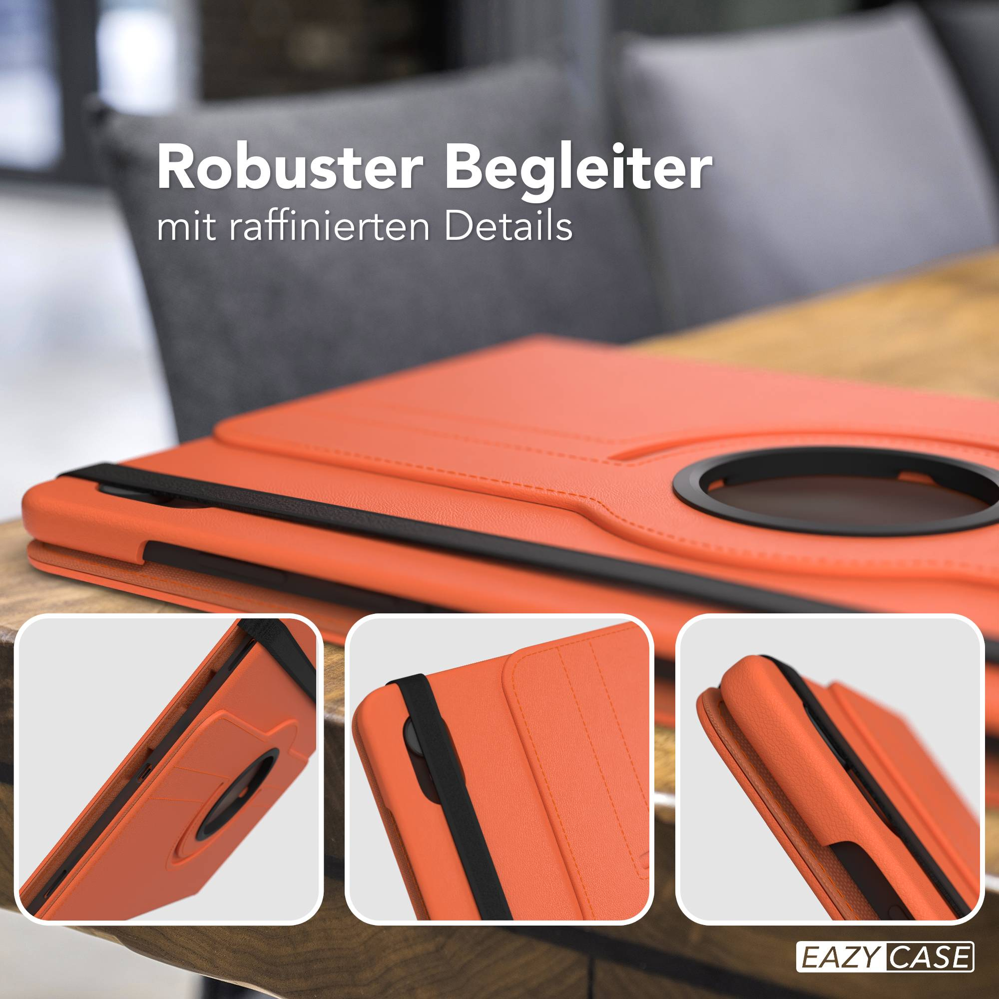 Orange Tablet Hülle mit schwarzen Riemen und drei Nahaufnahmen.