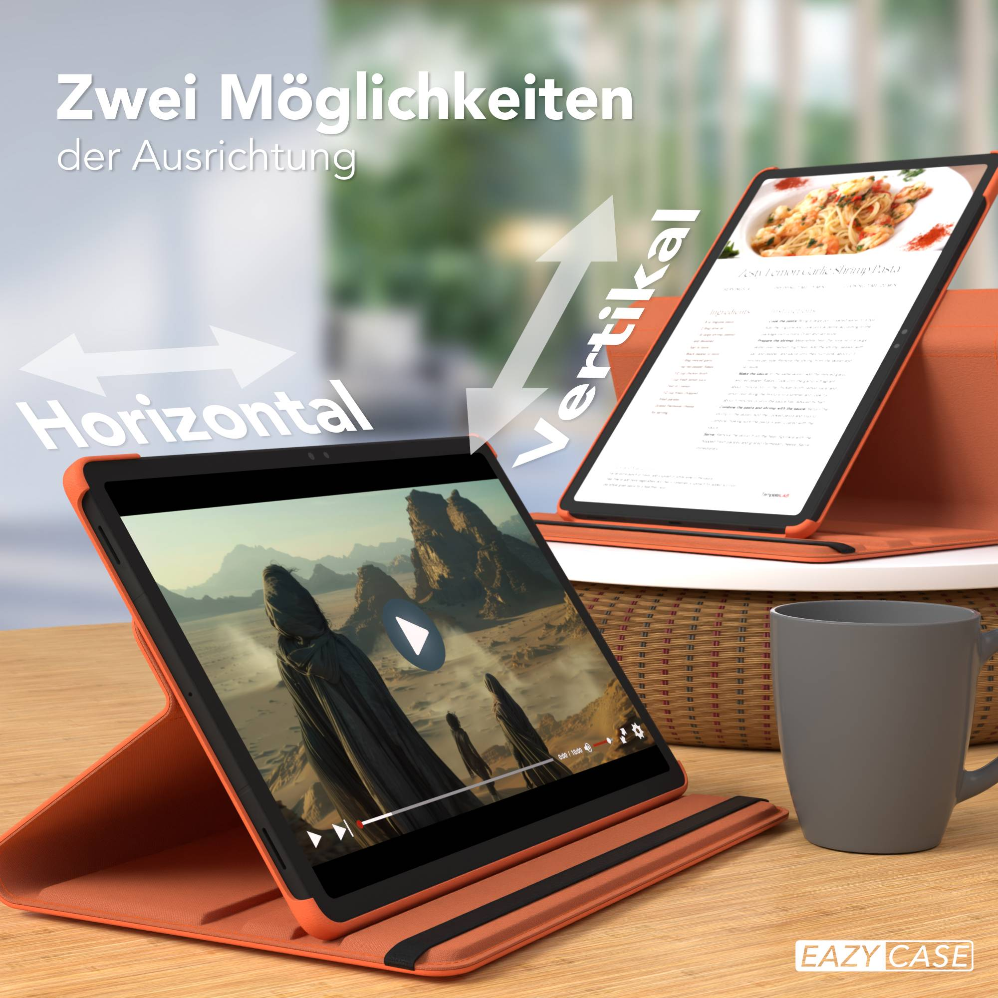 Zwei Tablets in orangen Hüllen, eines zeigt ein Rezept, das andere ein Video.