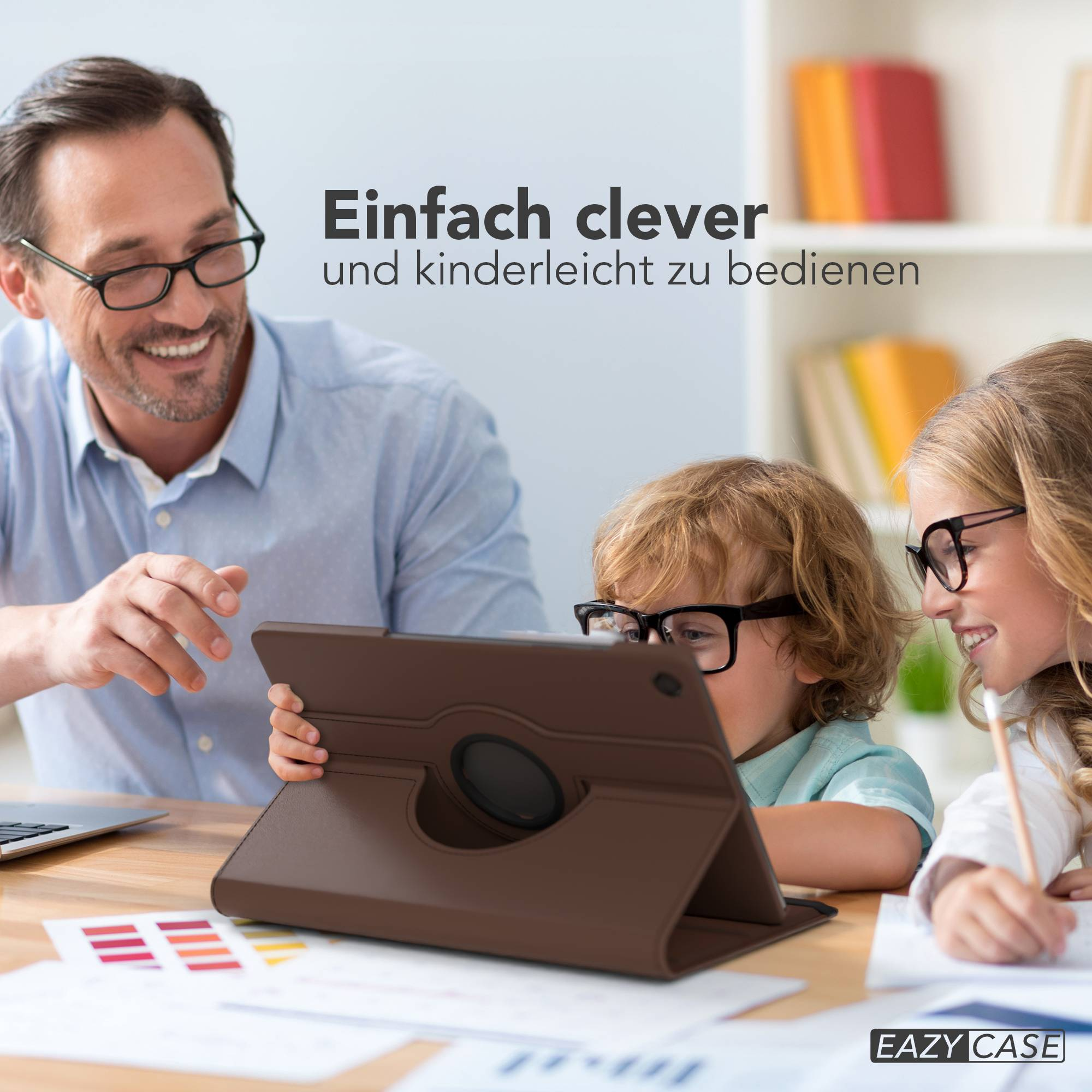 Vater und Kinder lernen mit Tablet. Familie nutzt Technologie.