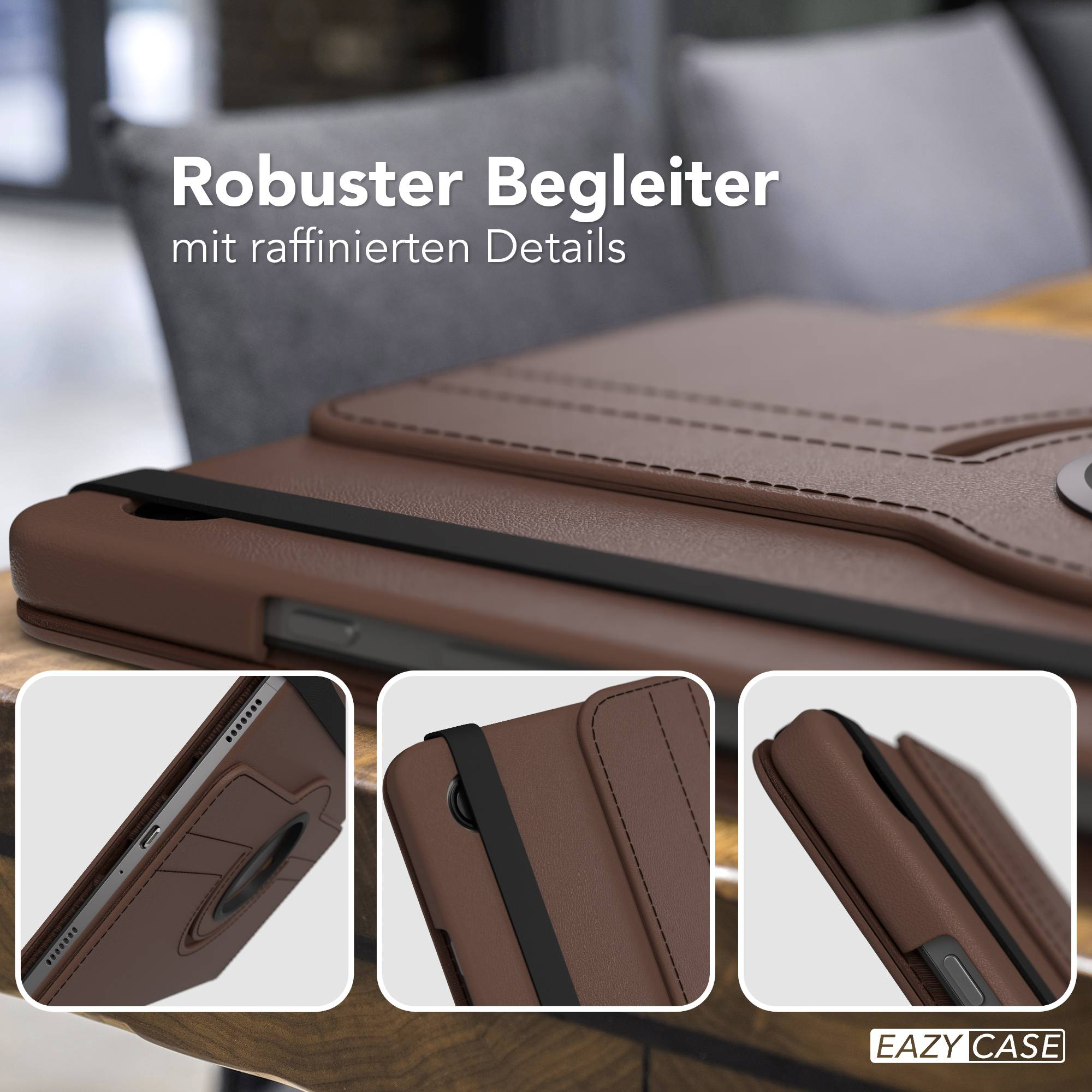 Braune Ledertasche für ein Tablet mit drei Ansichten und dem Logo "EAZY CASE".