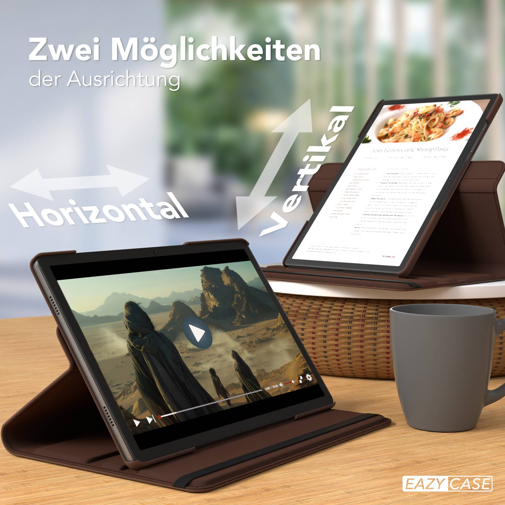 Zwei Tablets in braunen Hüllen auf Holztisch, eines mit Video, eines mit Rezept.