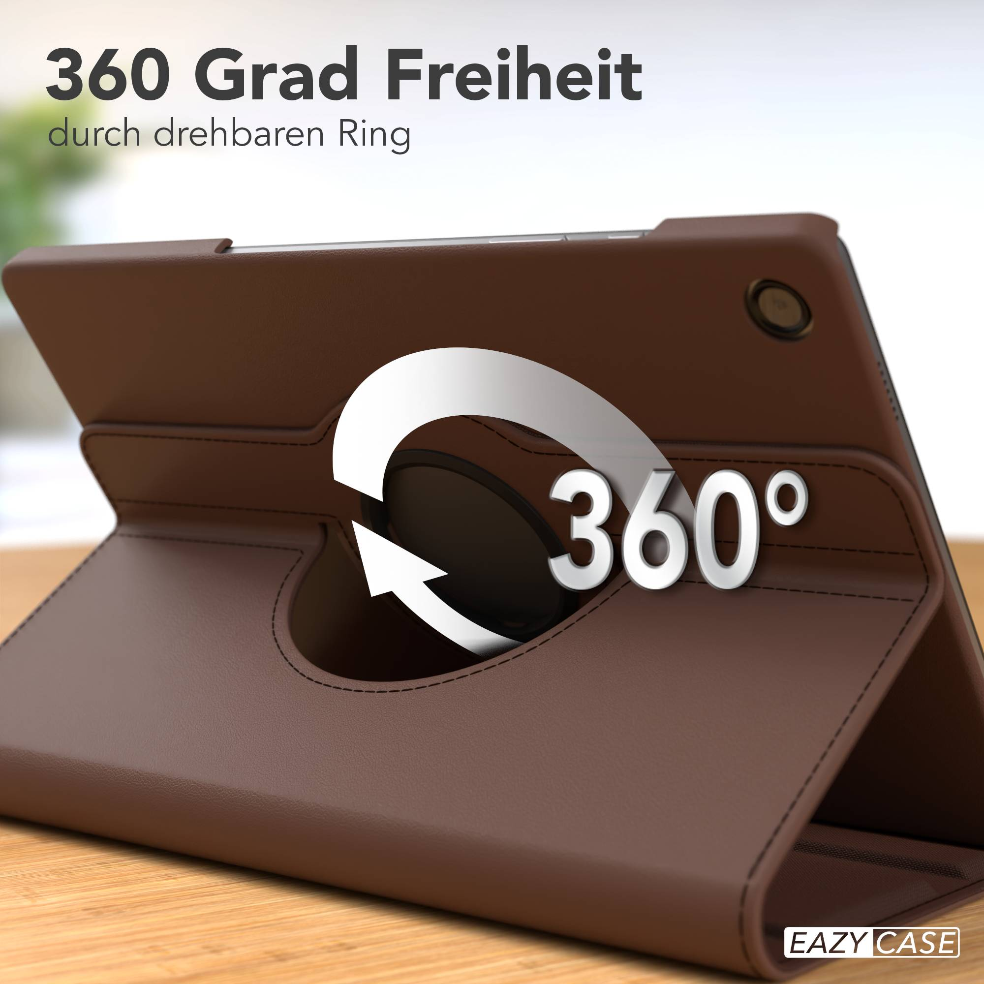 Braunes Tablet-Case mit 360-Grad-Ring auf einem Holztisch.
