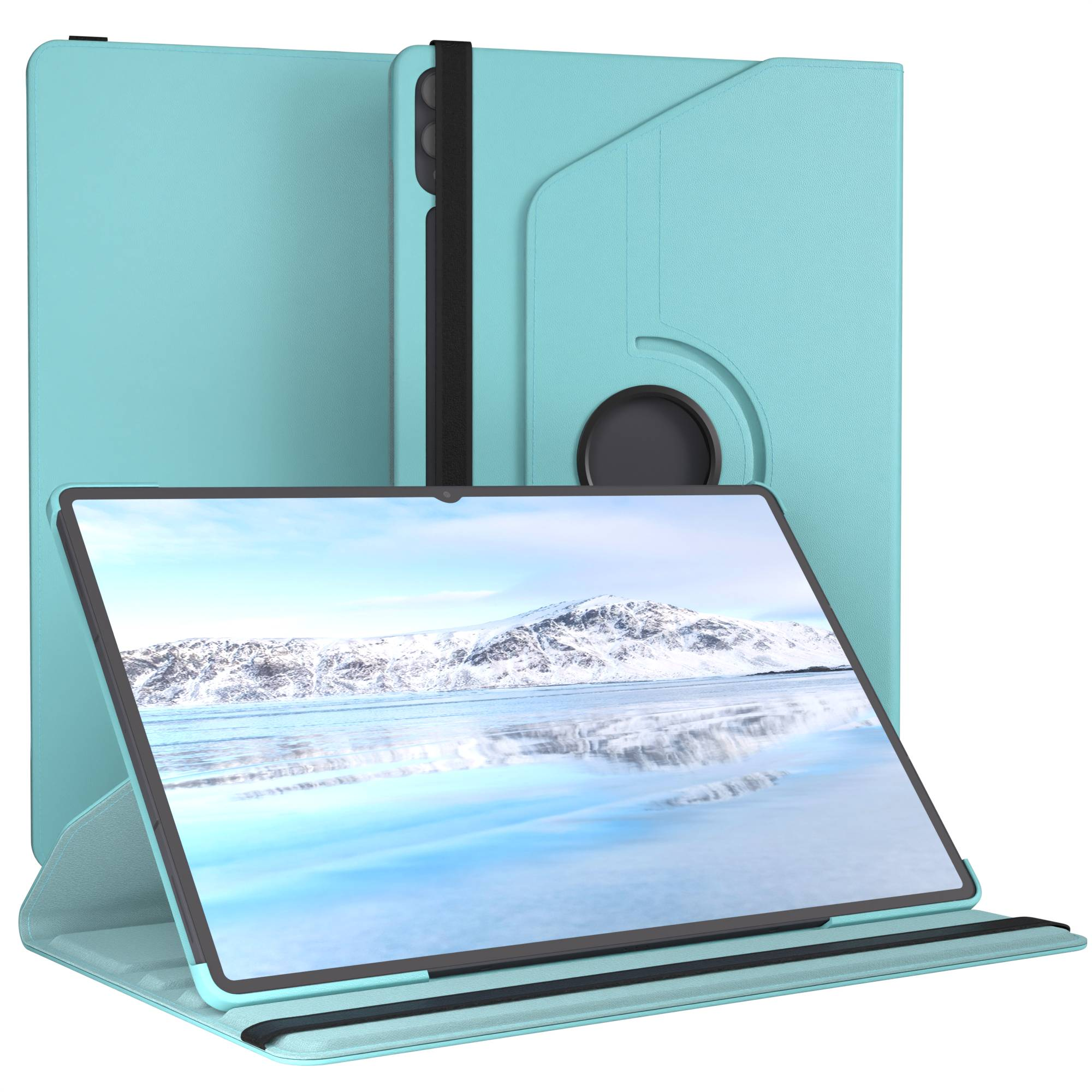 Ein türkisfarbener Tablet-Ständer mit einem Tablet, das eine verschneite Berglandschaft zeigt.