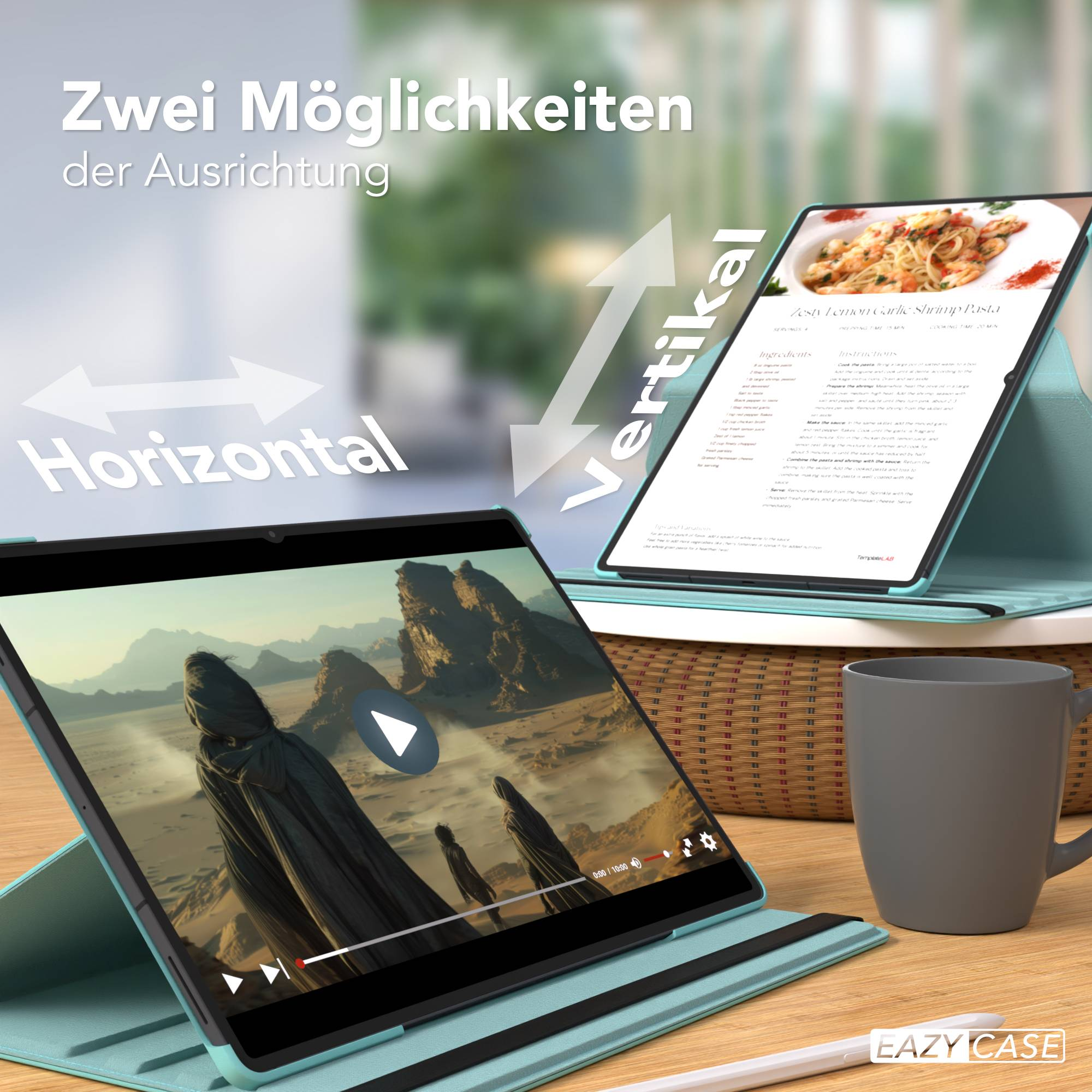 Zwei Tablet-Ausrichtungen: Horizontal mit Video, Vertikal mit Rezept.