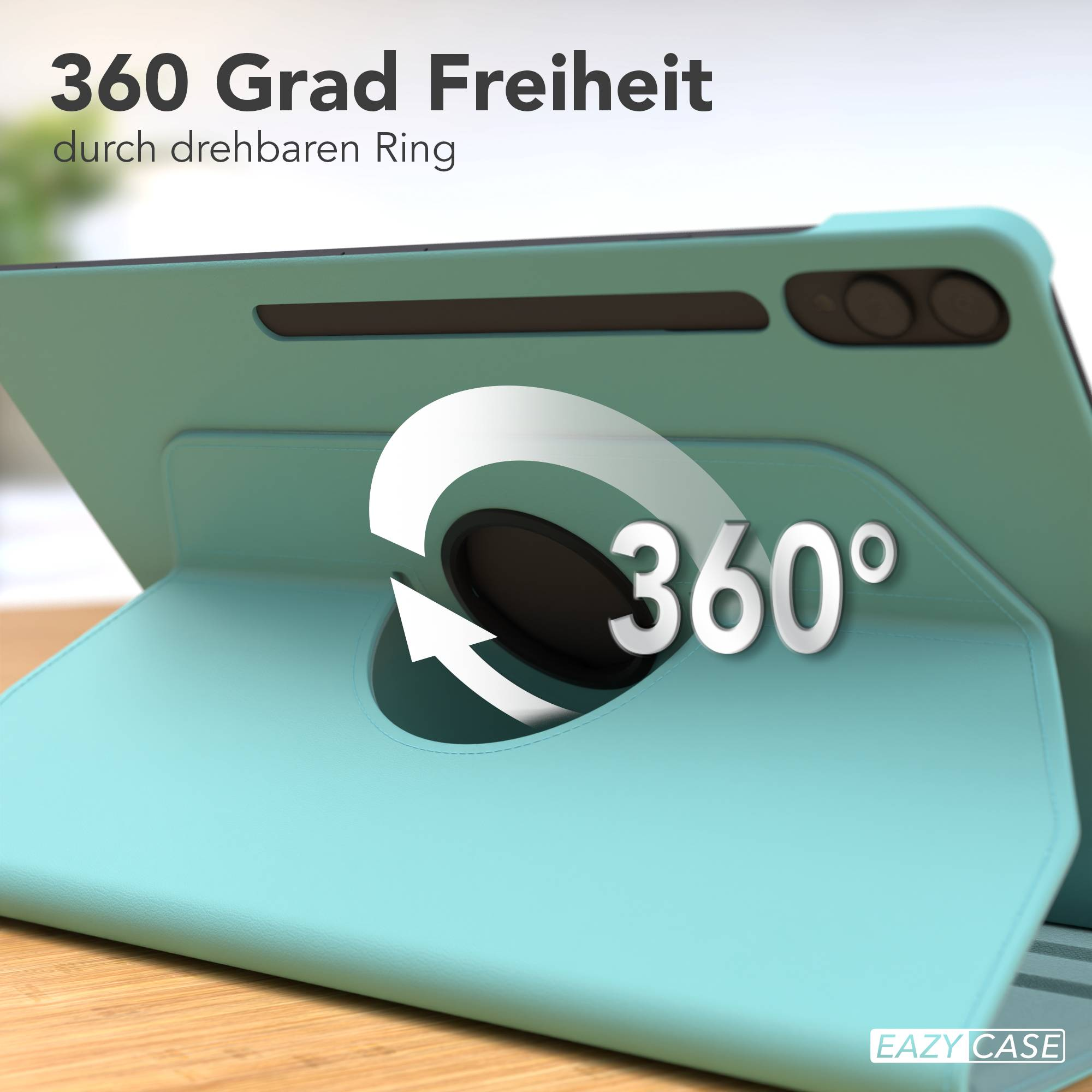 Türkiser Tablet-Ständer mit 360 Grad Drehfunktion und Kamerablende.