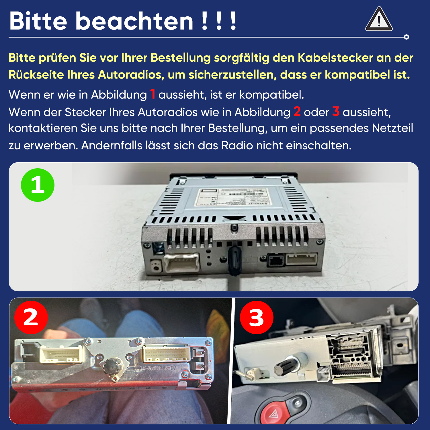 Rückseite eines Autoradios mit drei Abbildungen von Kabelsteckern.