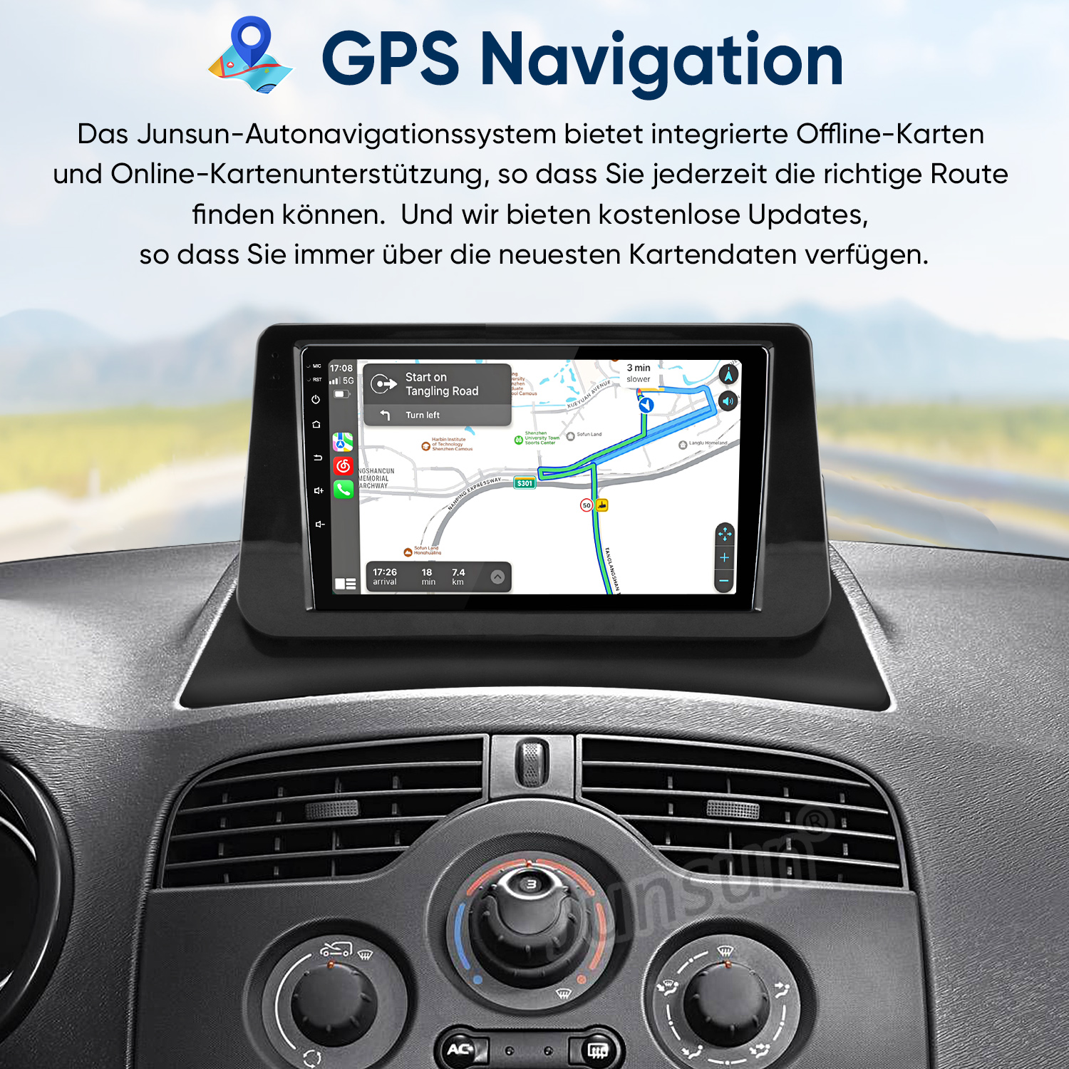 Ein Navigationsgerät im Auto zeigt eine Karte mit einer Route und Ankunftszeit.