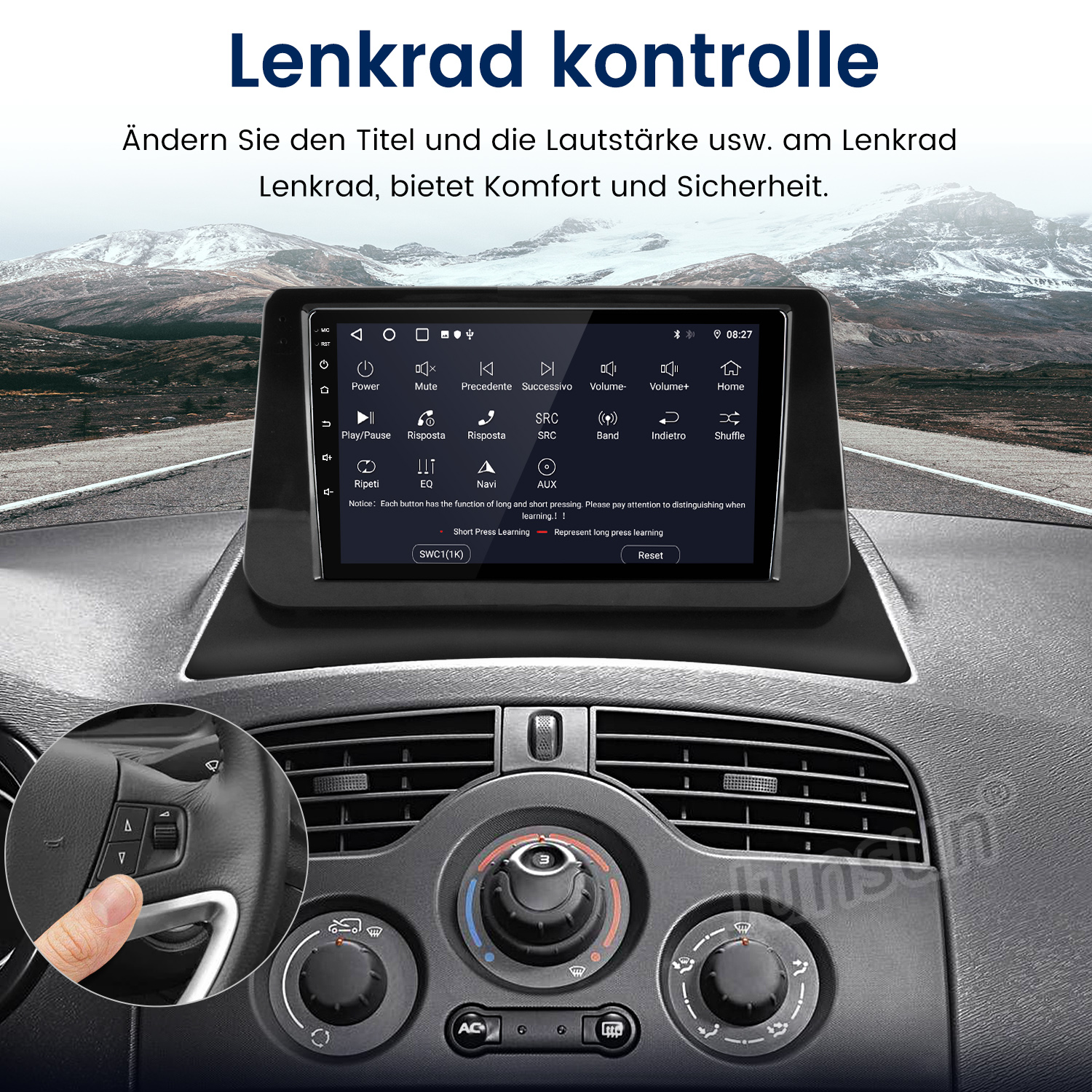 Ein Autoradio mit Lenkradsteuerung und Berglandschaft im Hintergrund.