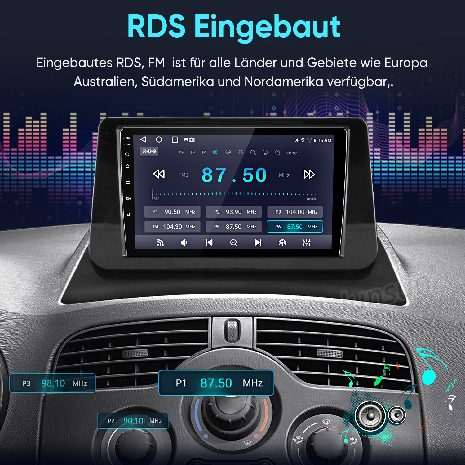 Ein Autoradio-Bildschirm zeigt RDS- und FM-Frequenzen und Bedienelemente an.