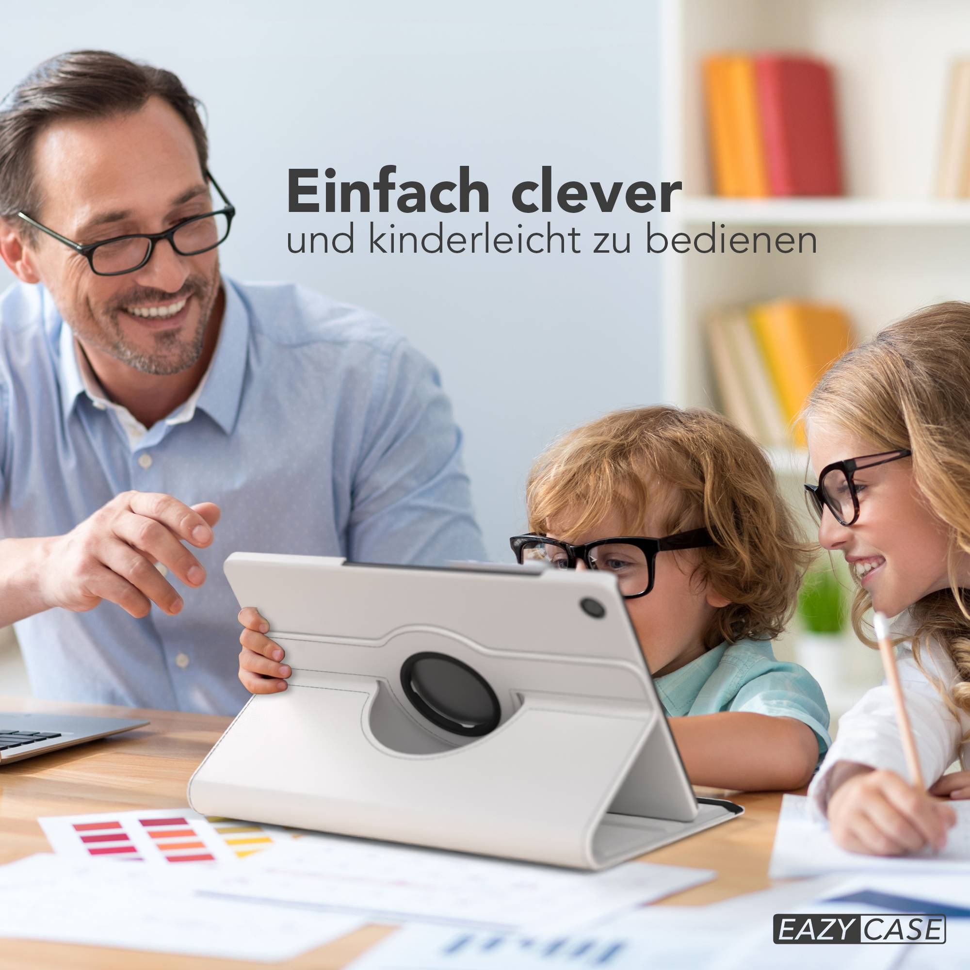 Mann zeigt Tablet, Kinder schauen zu. Texte: Einfach clever und kinderleicht zu bedienen.