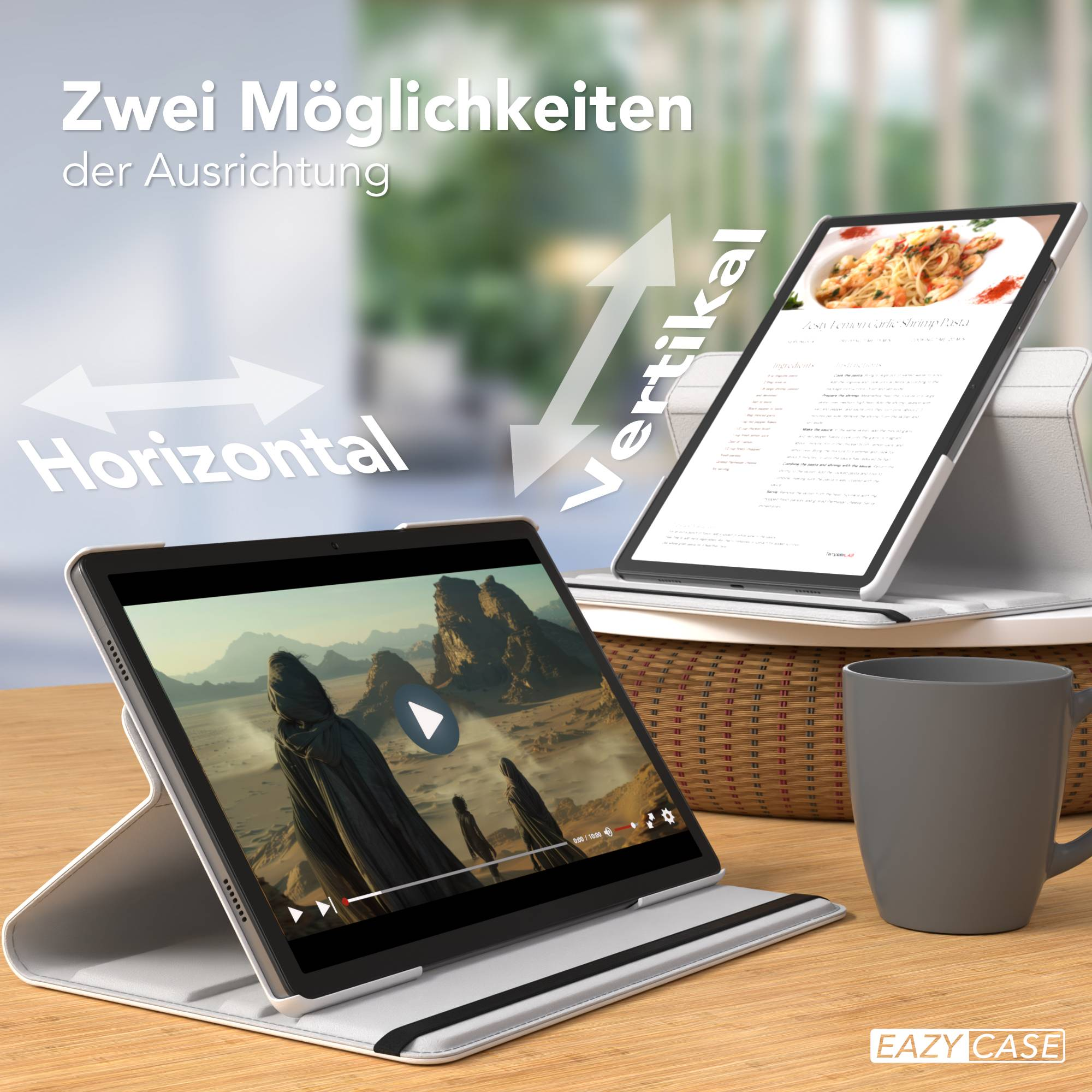 Zwei Tablets zeigen horizontale und vertikale Ausrichtung. Eines zeigt Video, das andere ein Rezept.