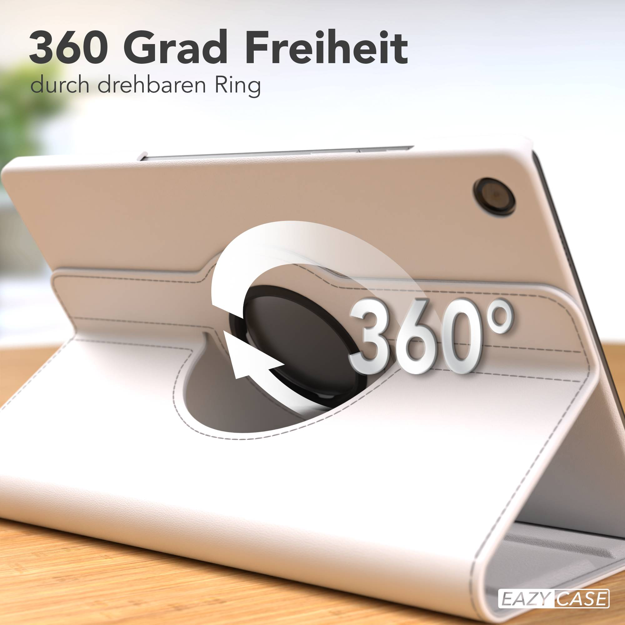Ein weies Tablet mit drehbarem Ring, das 360 Grad Freiheit ermglicht.