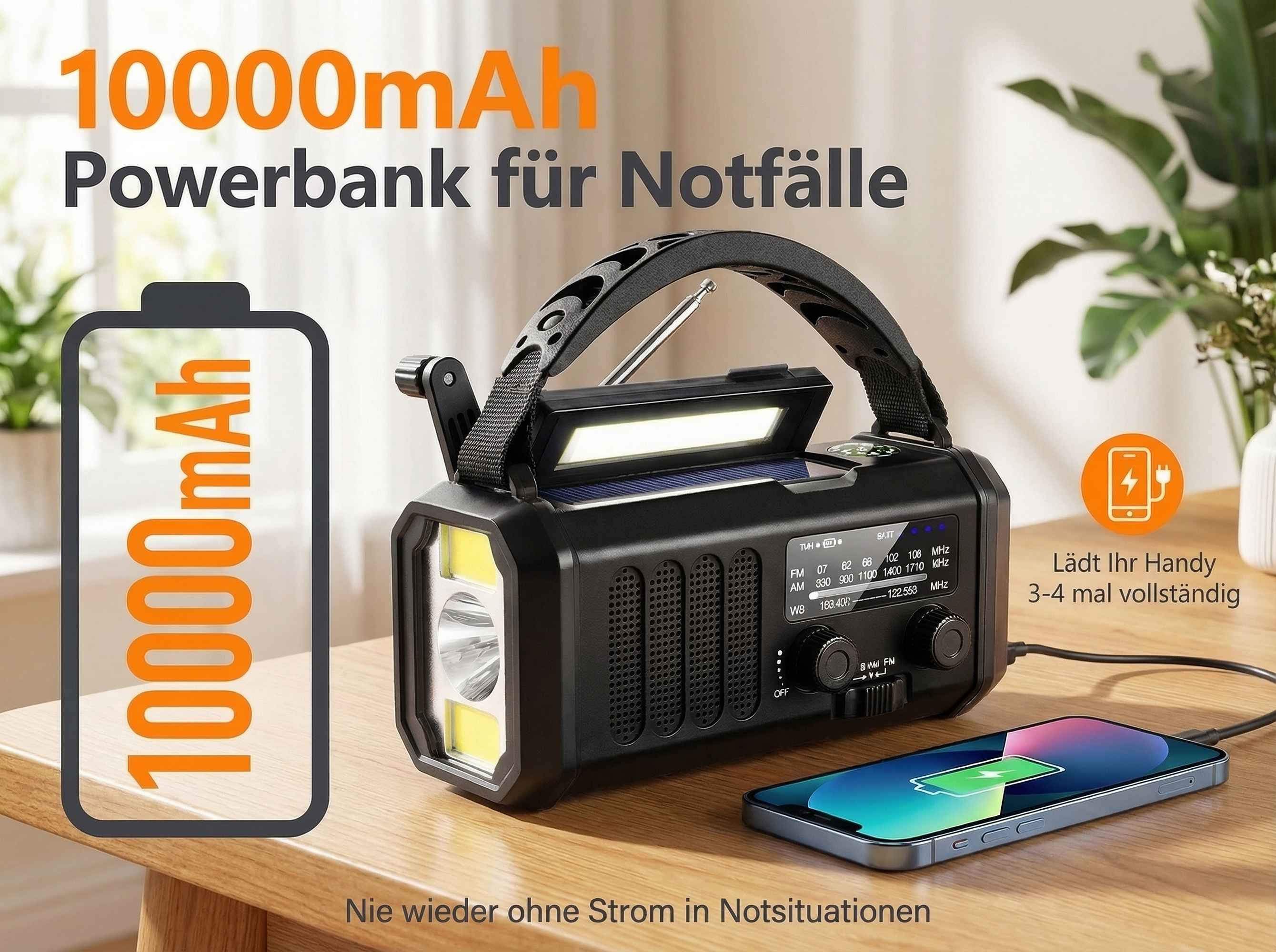Eine schwarze Notfall-Powerbank mit Radio und Lampe lädt ein Handy.